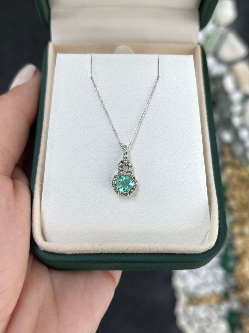 1.10tcw Emerald Round Cut & Diamond Halo 14K White Gold Pendant Necklace for Women - Elegant Jewelry Gift for Birthday, Anniversary & Special Occasions