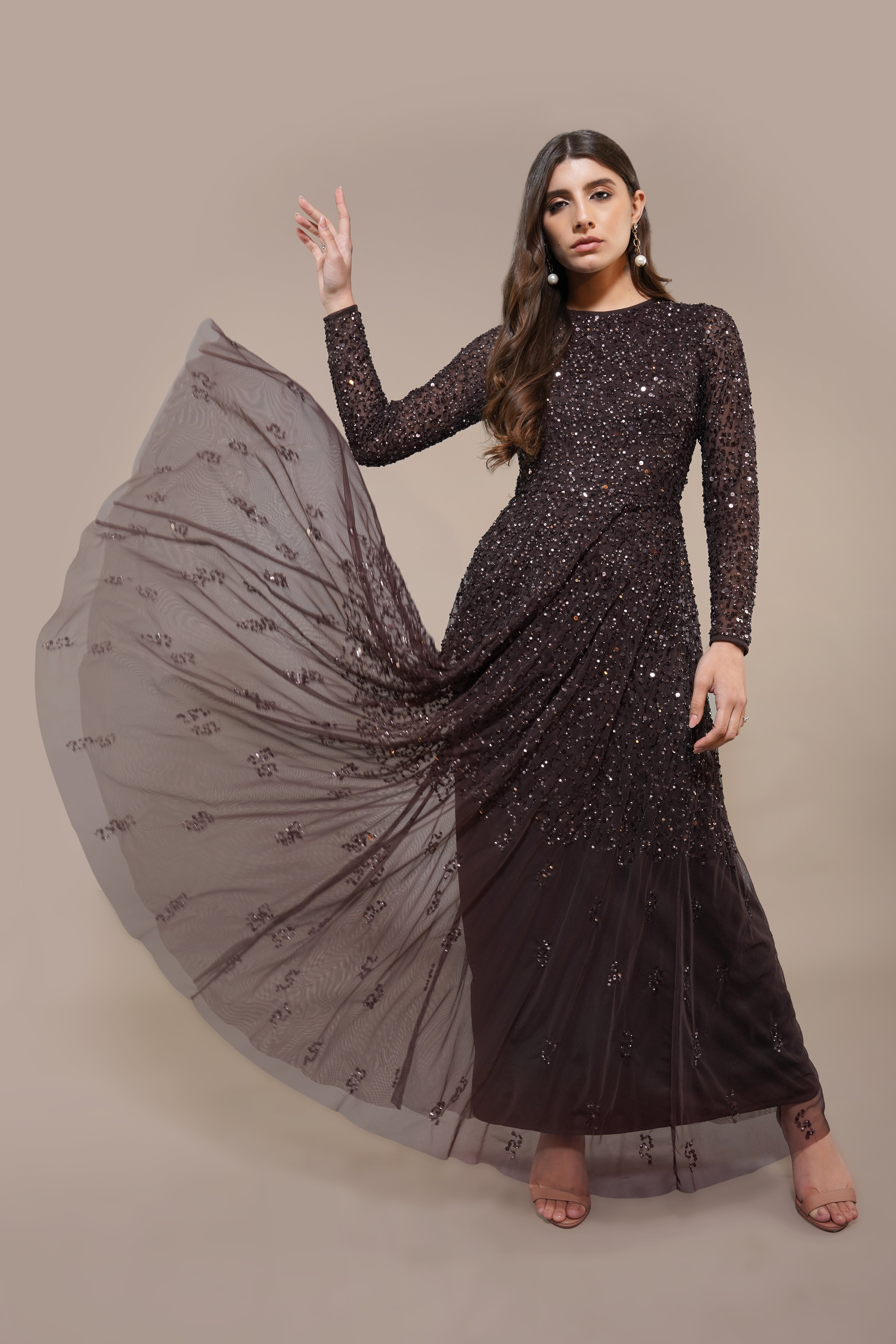 Elegant Coffee Brown Embellished Long Sleeve Maxi Dress for Women - Perfect for Weddings, Parties & Evening Events