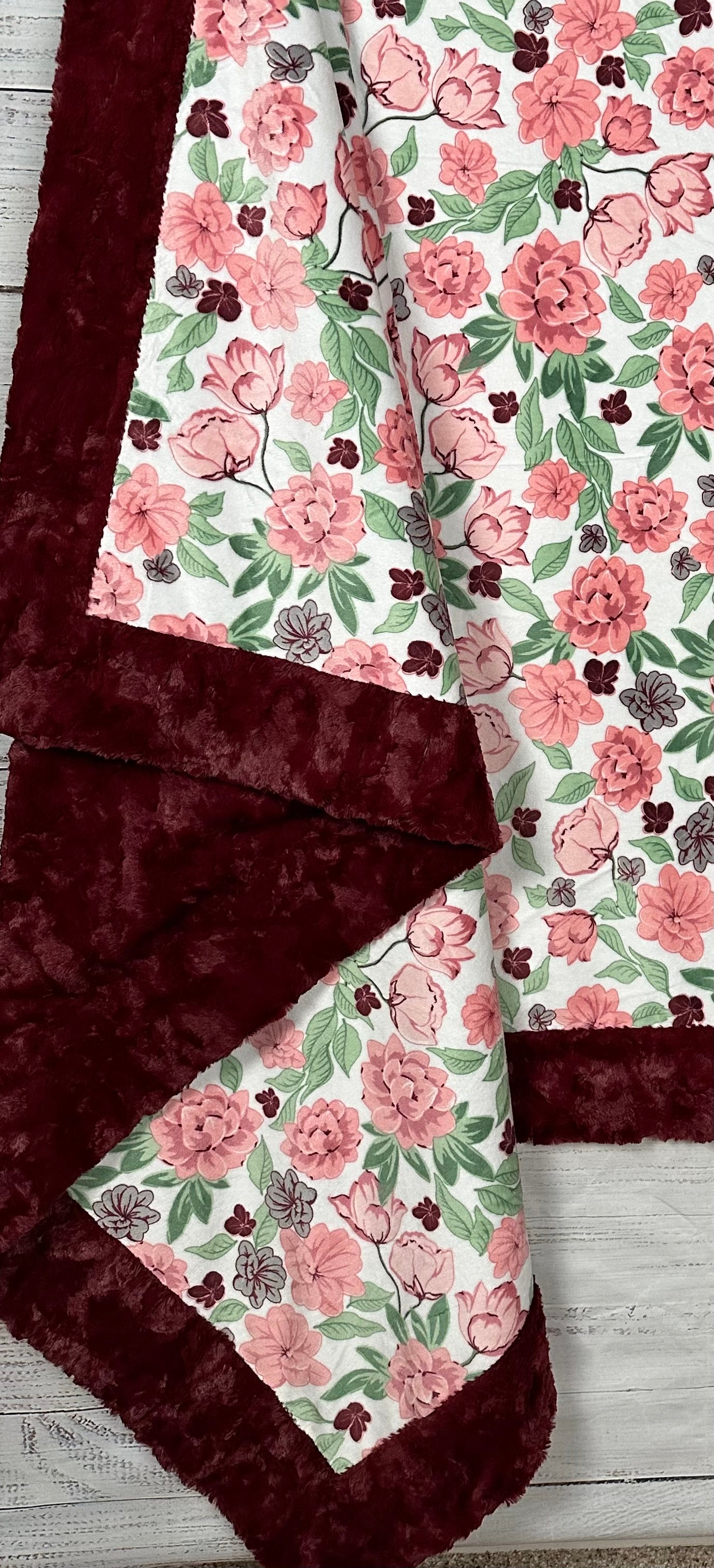 Luxury Coral Floral Print Marble Merlot Minky Blanket for Adults - 54x80 Inches, Soft & Cozy Throw Blanket for Bed, Sofa, and Home Decor