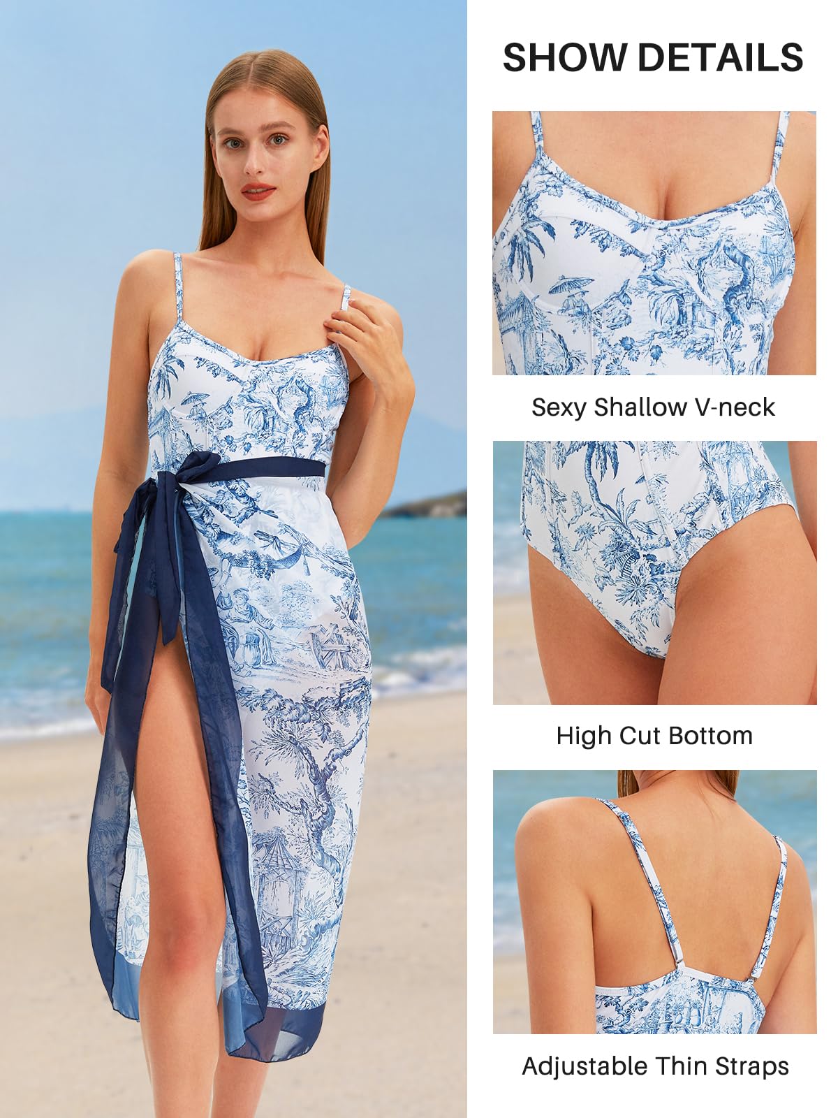 Women's Floral One Piece Swimsuit with Sarong Wrap Cover Up - 2 Piece Bathing Suit Beach Set for Pool, Vacation & Summer Outfits