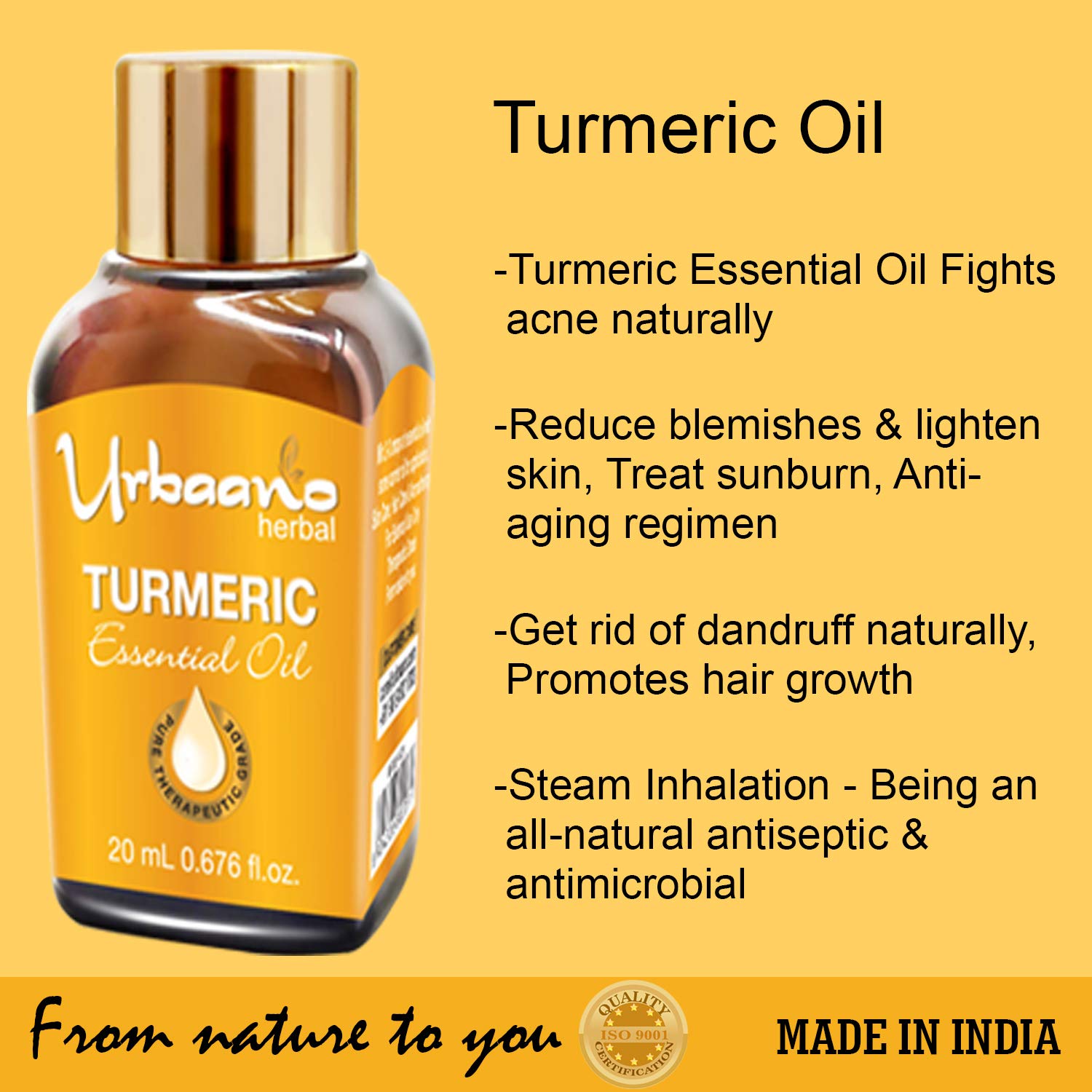 Pure Organic Turmeric Essential Oil for Face, Skin & Hair Care - 100% Undiluted Therapeutic Grade Aromatherapy Oil - Natural Anti-Aging & Moisturizing Solution - Perfect for Massage, Diffuser & DIY Beauty Recipes - 20ml Gift Pack