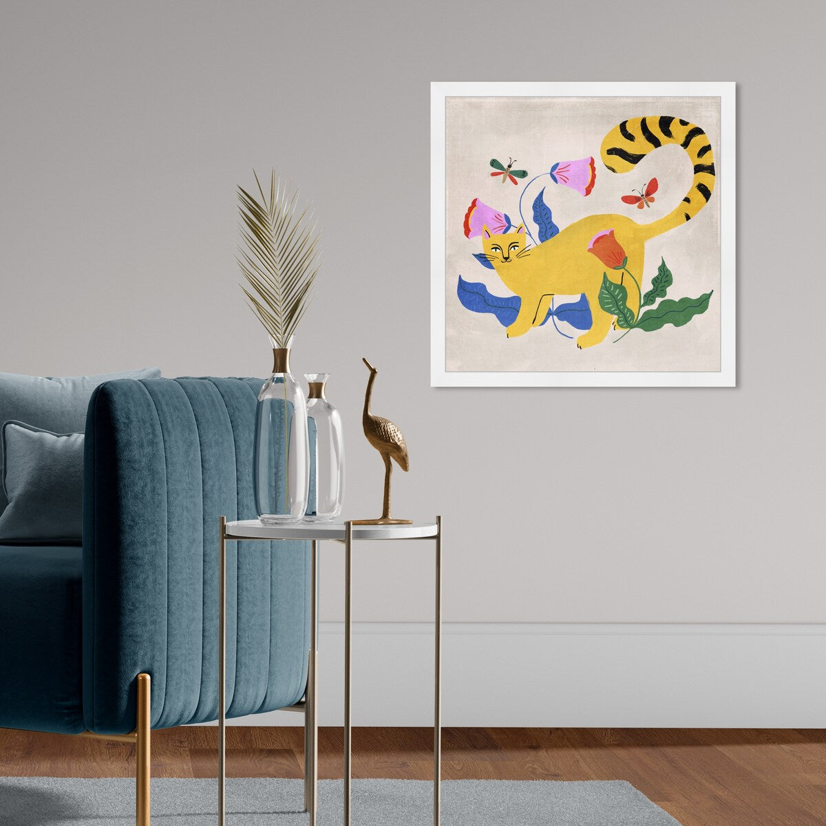 Blonde Tabby Floral Kitten Butterfly Garden Modern Yellow Framed Wall Art Print - Cute Cat Painting for Bedroom, Living Room & Nursery Decor