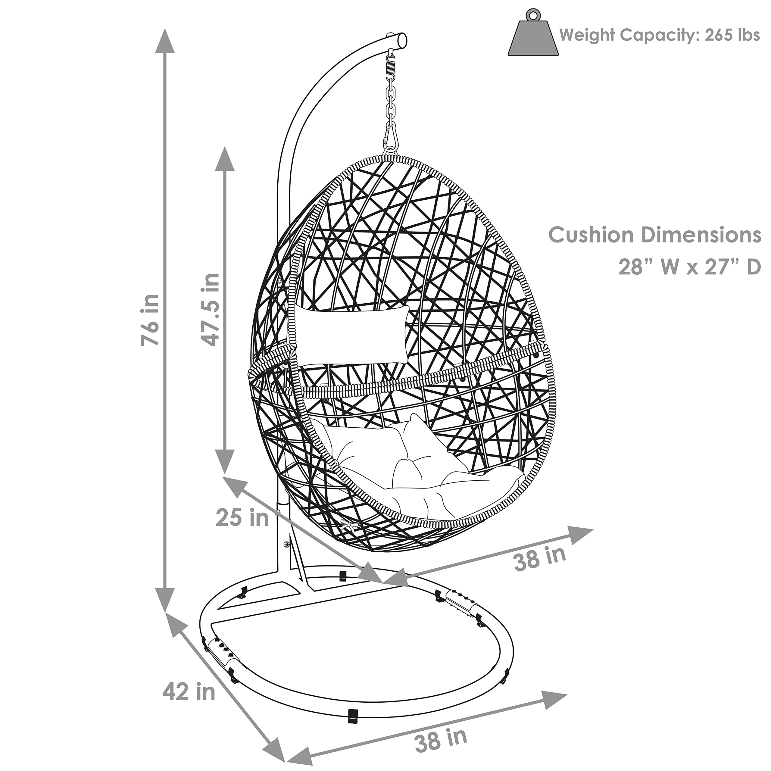 Sunnydaze Caroline Hanging Egg Chair Swing with Steel Stand - All-Weather Resin Wicker Porch Swing Chair - Large Basket Design Outdoor Lounging Chair with Gray Cushions - Perfect for Patio, Garden, Backyard Relaxation