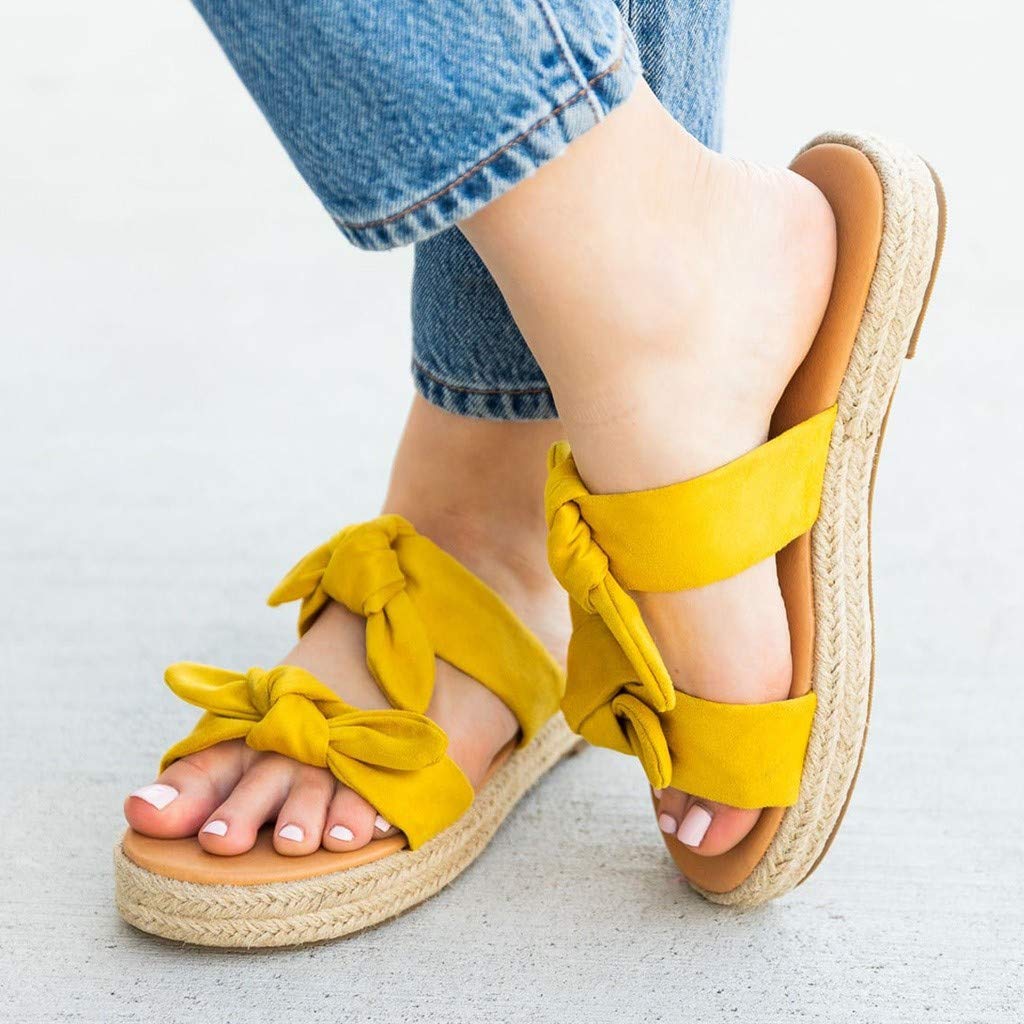 Women's Flat Slide Sandals with Cork Sole & Cute Knot Bow - Comfortable Canvas Summer Sandals for Beach, Pool, and Casual Outings