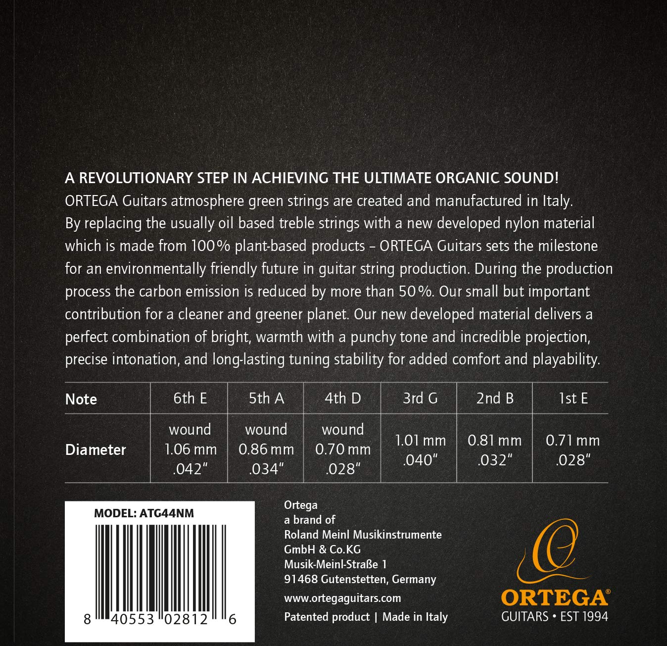 Ortega ATG44NM Atmosphere Green Nylon Classical Guitar with 100% Plant-Based Treble Strings | Normal Tension | Handcrafted in Italy | Perfect for Beginners, Professionals & Live Performances
