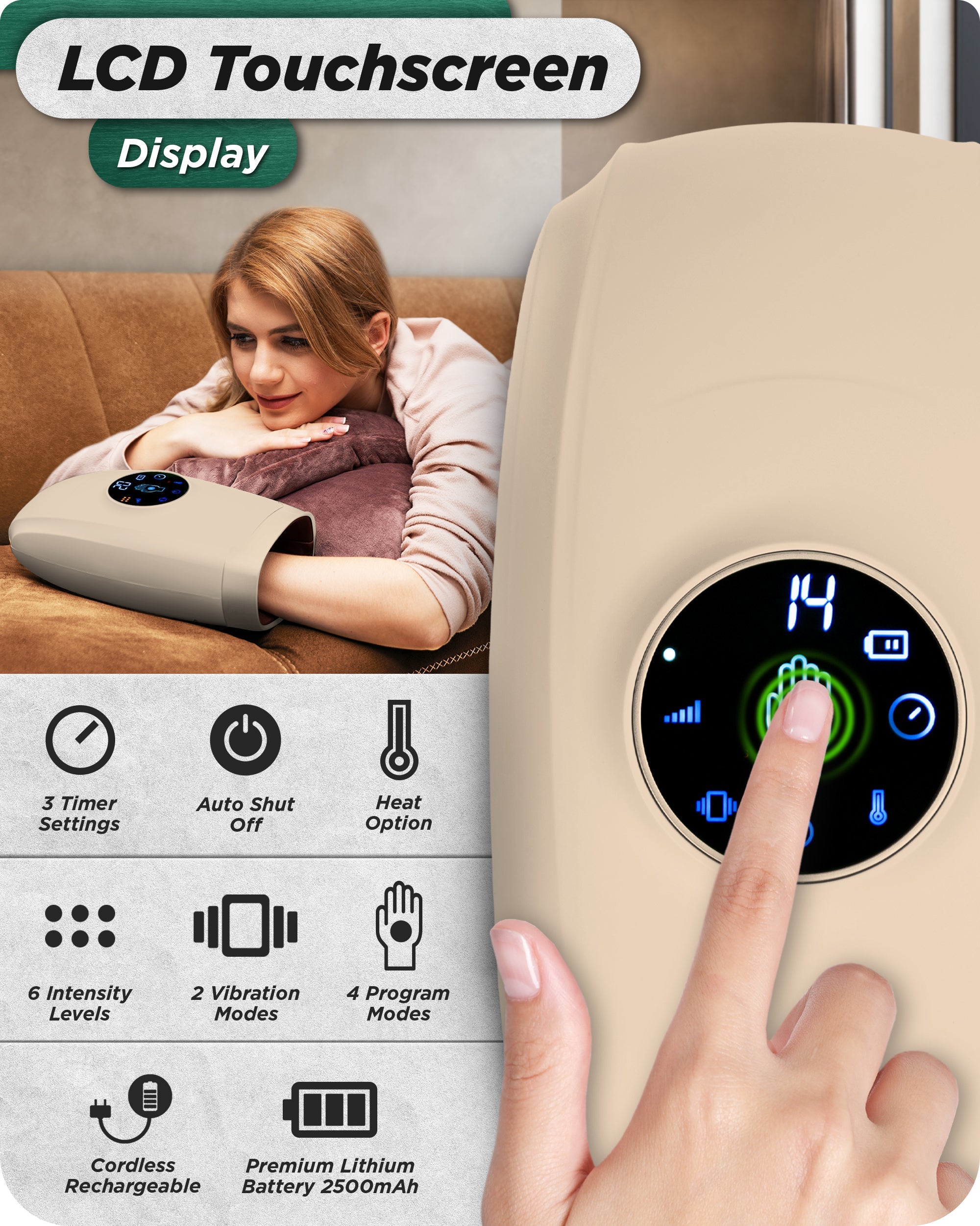 LX7 Hand Massager with Touchscreen - Portable Electric Hand Massage Device for Pain Relief & Relaxation - Perfect for Office, Home & Travel Use (Beige)