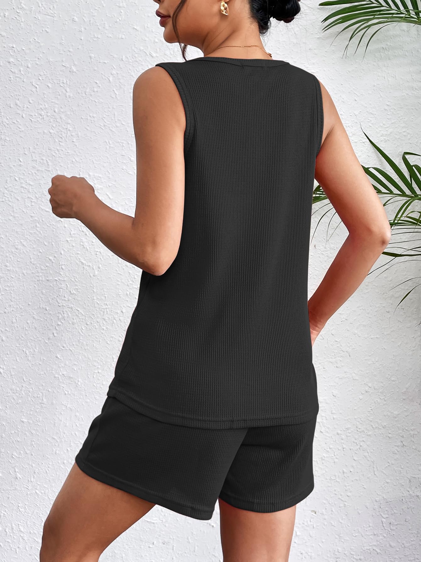 Ekouaer Women's Waffle Knit V-Neck Pajama Set - Tank Top & Shorts Lounge Set | Soft Sleepwear & Casual Home Outfit for Relaxing, Lounging & Vacation