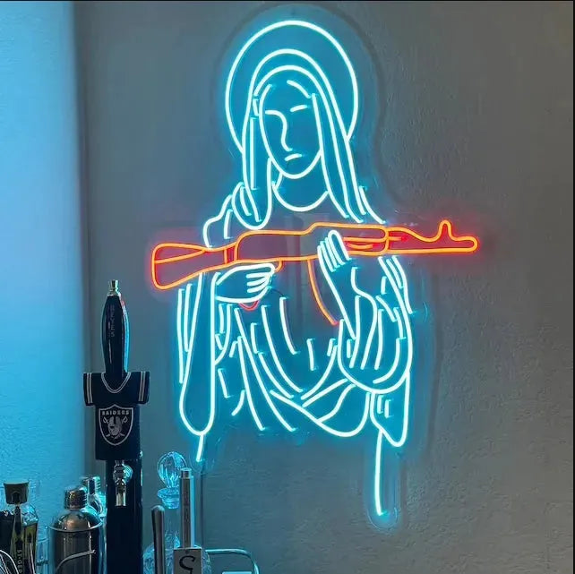 CHUANGQI Virgin Mary & AK47 Neon Sign Light - 42x47cm USB Powered Wall Art for Home, Bar, Party & Club Decor - Unique Blessed Gift for Christmas & Birthday