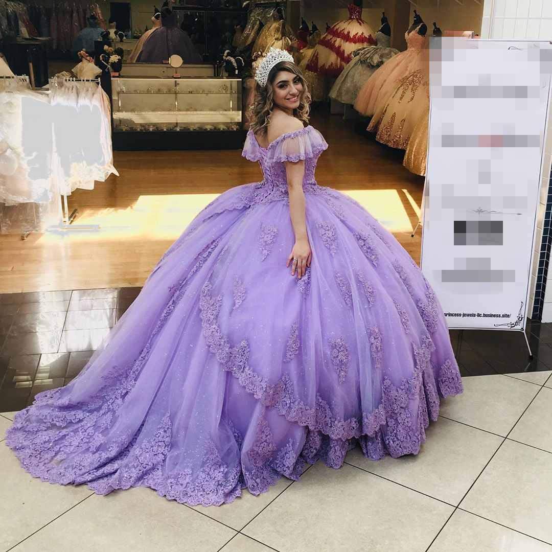 Emanni Women's Off-The-Shoulder Quinceañera Dress with Lace Appliques - Light Purple Ball Gown for Sweet 16, Prom, Wedding & Special Occasions