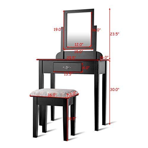 Casart Vanity Dressing Table Stool Set with 360° Rotating Makeup Mirror & Drawers - Solid Wood Legs, Padded Linen Fabric Bench - Perfect for Bedroom Vanity, Makeup Organization & Elegant Home Decor