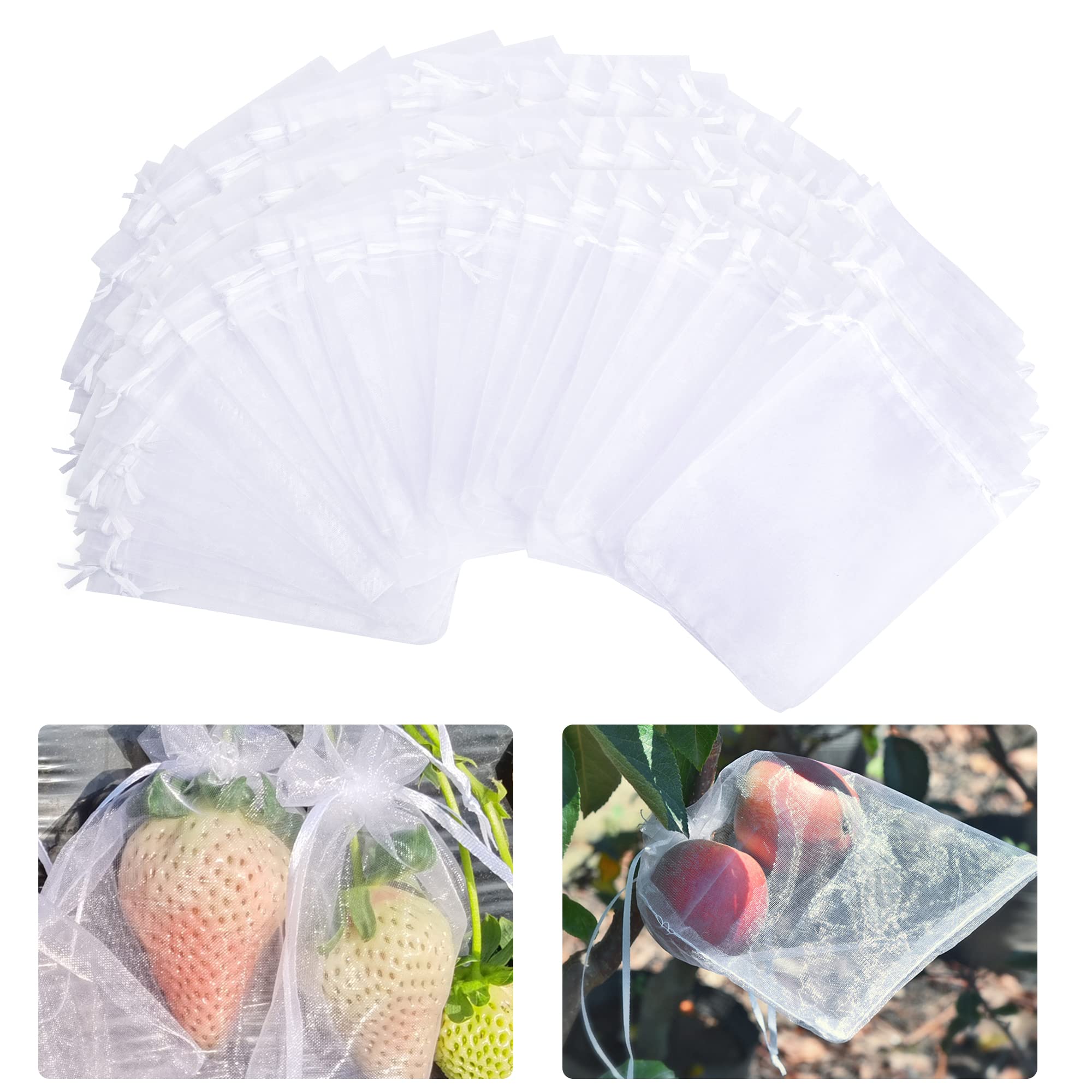 100 Pieces 6x8 Inch Organza Fruit Netting Bags with Drawstring - Breathable Garden Plant Protection Bags for Tomatoes, Grapes, Mangoes - Perfect for Harvesting, Storing and Gifting Fresh Fruits