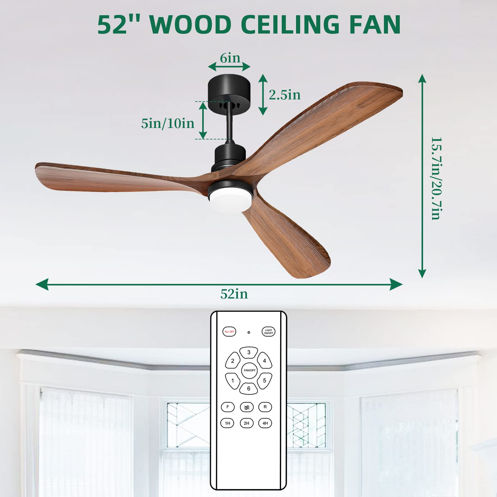 Obabala 60 Inch Modern Ceiling Fan with Light and Remote Control - 3 Reversible Wood Blades, Silent DC Motor for Indoor/Outdoor Use - Perfect for Patios, Farmhouse, Bedroom, and Living Room