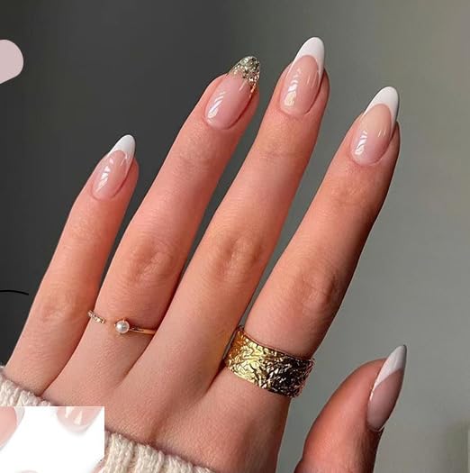 Wondertrail Acrylic Press-On Nails Set - 24pcs White French Glitter Ombre Fake Nails with Glue Kit | Reusable Oval Shaped Artificial Nails for Women | Perfect for Parties, Weddings & Everyday Wear