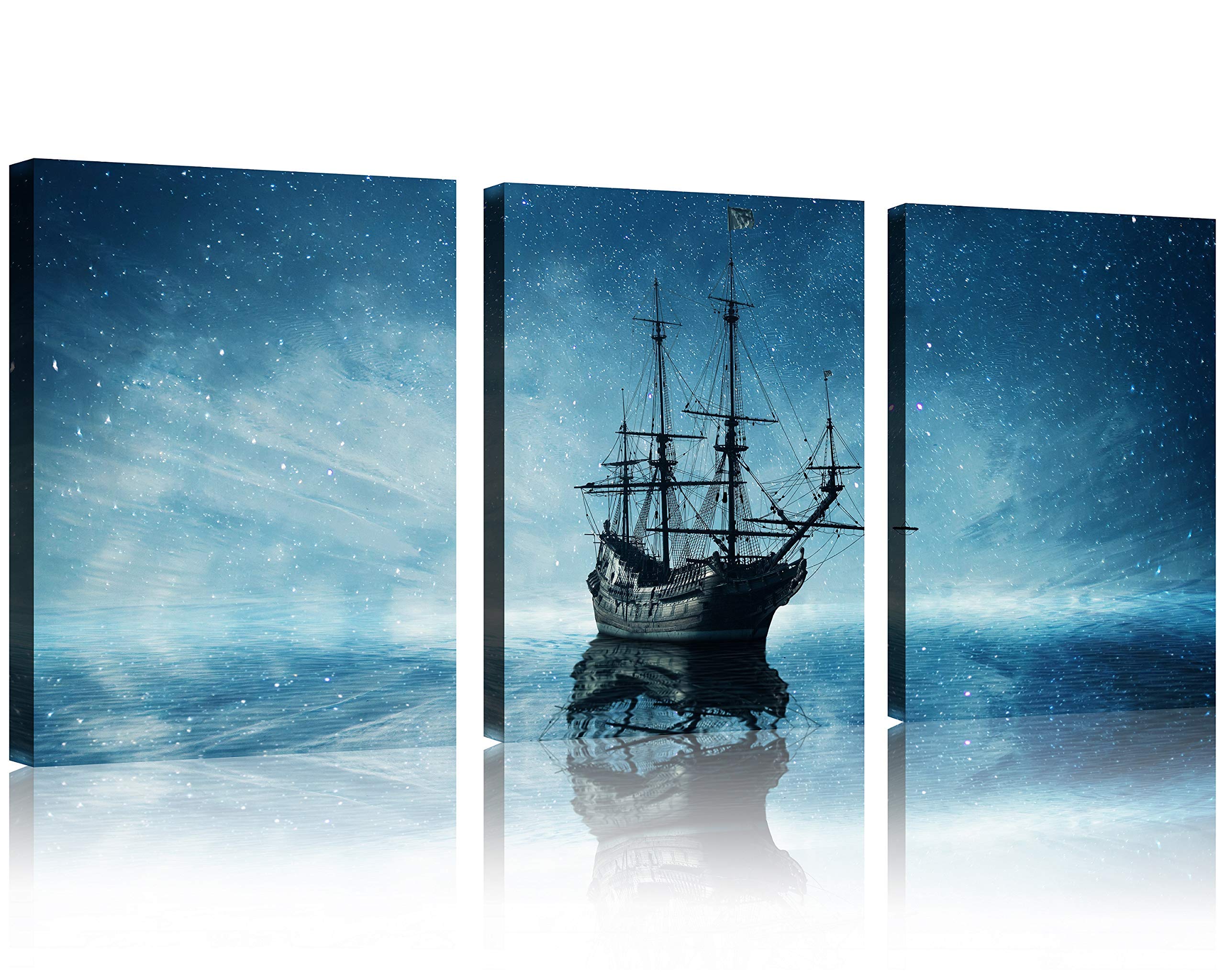 TutuBeer 3 Panel Pirate Ship Wall Art - Starry Night Sky Sailboat Painting on Canvas, Framed Pirate Decor for Living Room, Bedroom & Home - Perfect for Nautical Theme Rooms, Beach Houses & Pirate Lover Gifts