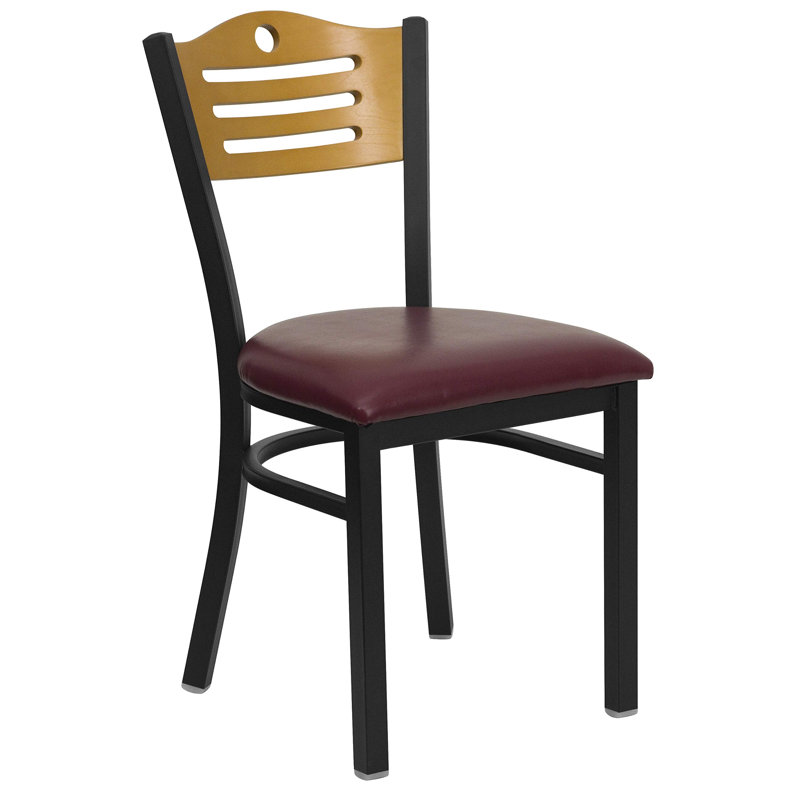 2 Pack Black Slat Back Metal Restaurant Chairs - Natural Wood Back & Burgundy Vinyl Seat - Durable Dining Chairs for Restaurants, Cafes, Bistros, and Home Kitchens