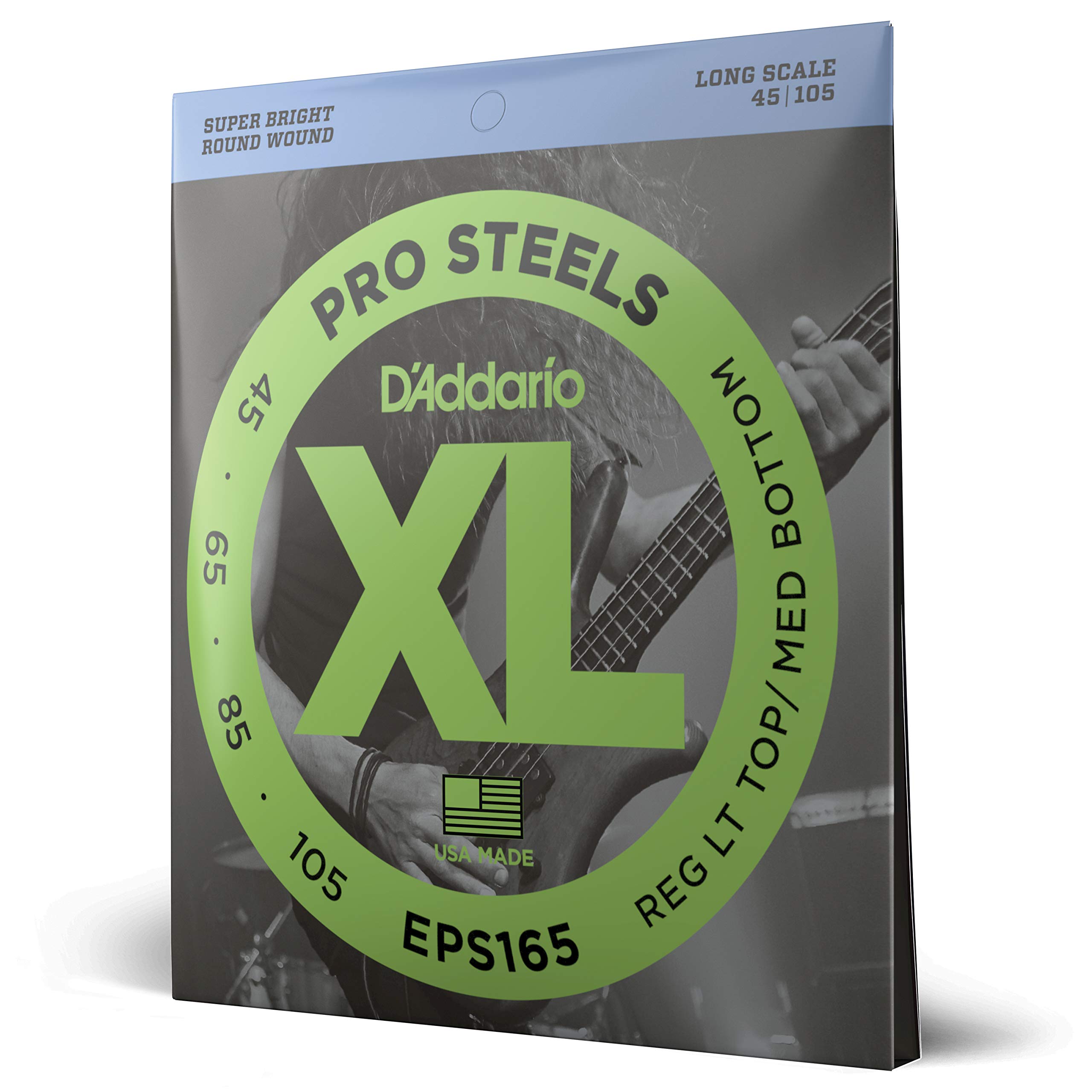 D'Addario XL Pro Steels Bass Guitar Strings 4-String Set - EPS165, Long Scale, Regular Light Top/Medium Bottom Gauge 45-105 - Perfect for Rock, Metal & Studio Recording - Pack of 1