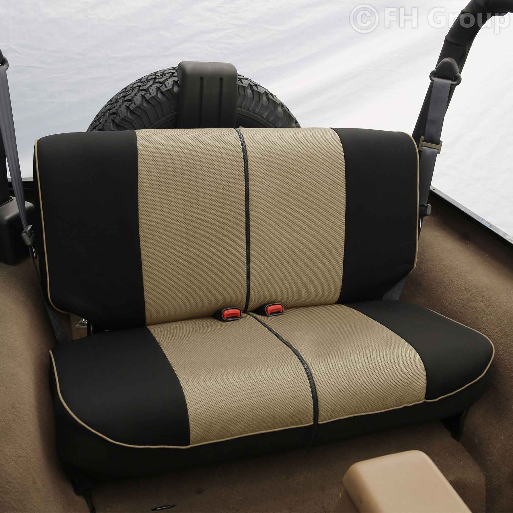 FH Group Universal Fit Beige & Black Cloth Car Seat Covers - Dog & Child Proof Seat Protectors for Sedans, Vans with Split Rear Bench | Durable Interior Accessories for Family Travel & Pet Safety