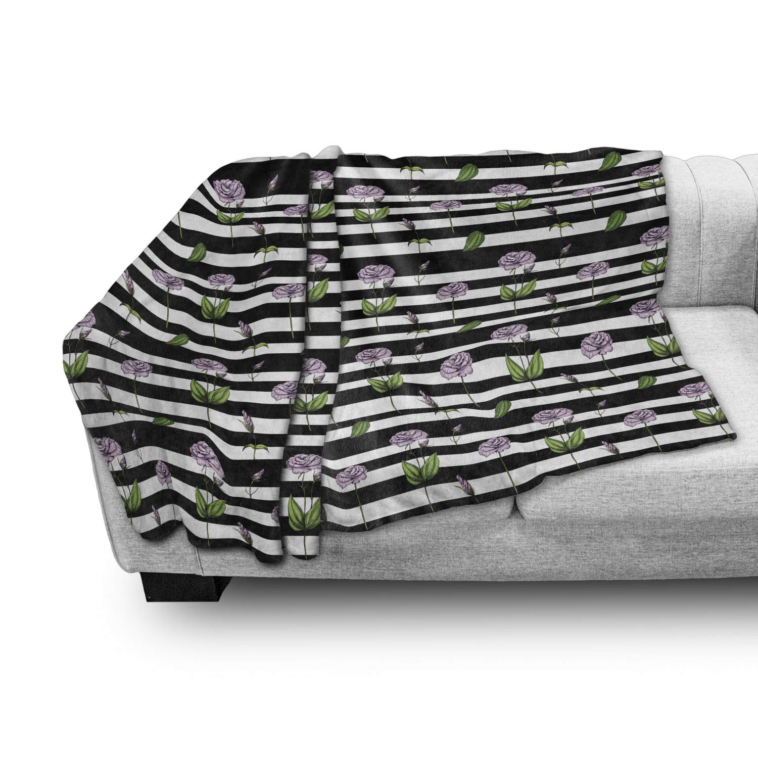 Ambesonne Rose Throw Blanket - Pink Rose Flowers on Black & White Striped Flannel Fleece Blanket, Soft Couch Cover for Adults, 50