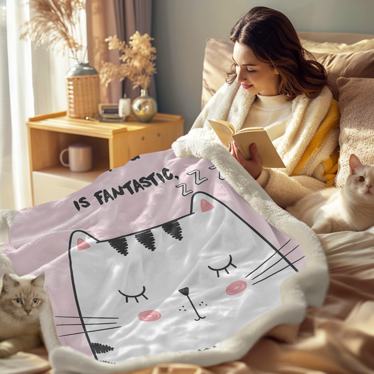 Soft Pink Sherpa Fleece Throw Blanket with White Cat Design - Cozy Twin Size (60