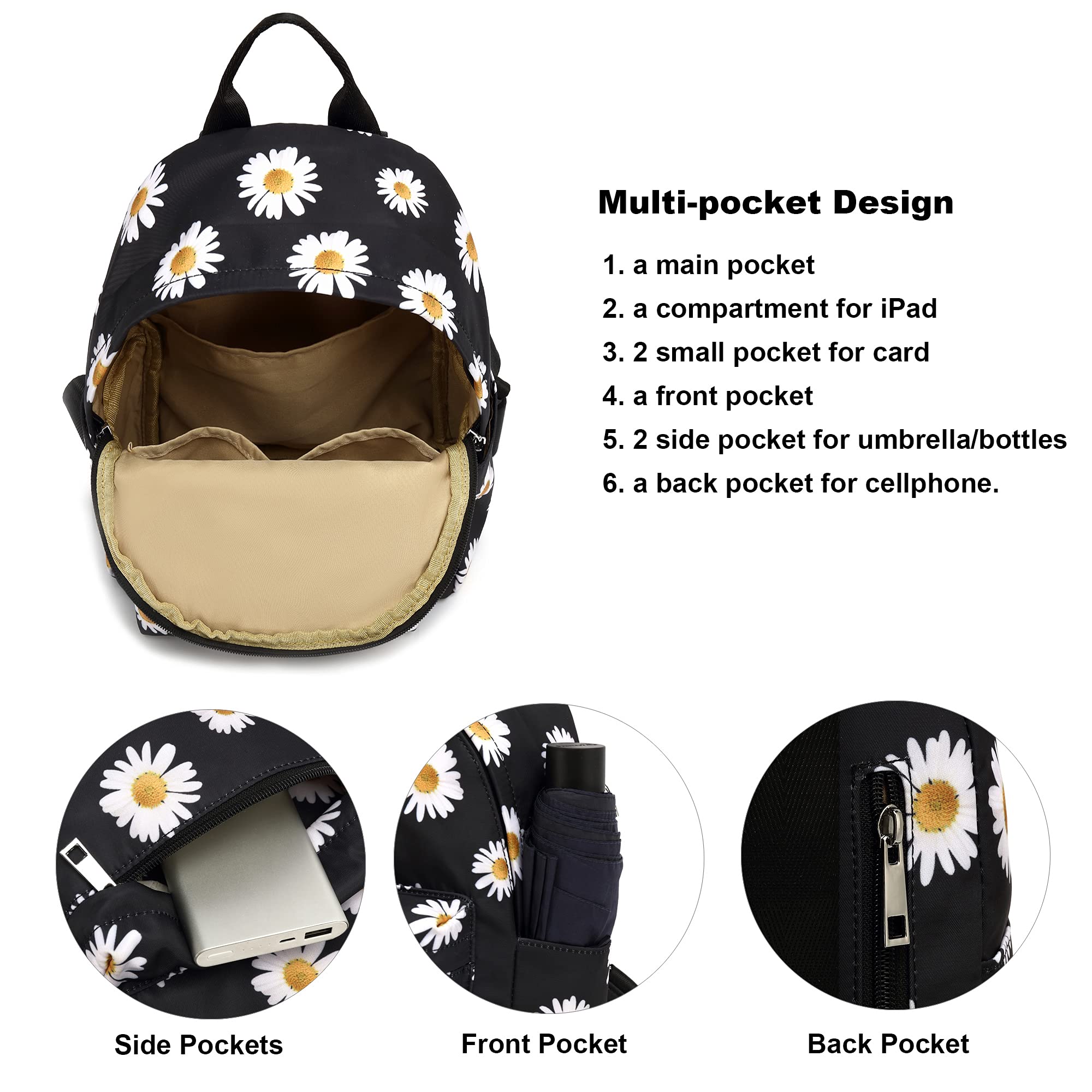 Floral Mini Backpack for Women & Teens - School & Travel Purse (Daisy Black)