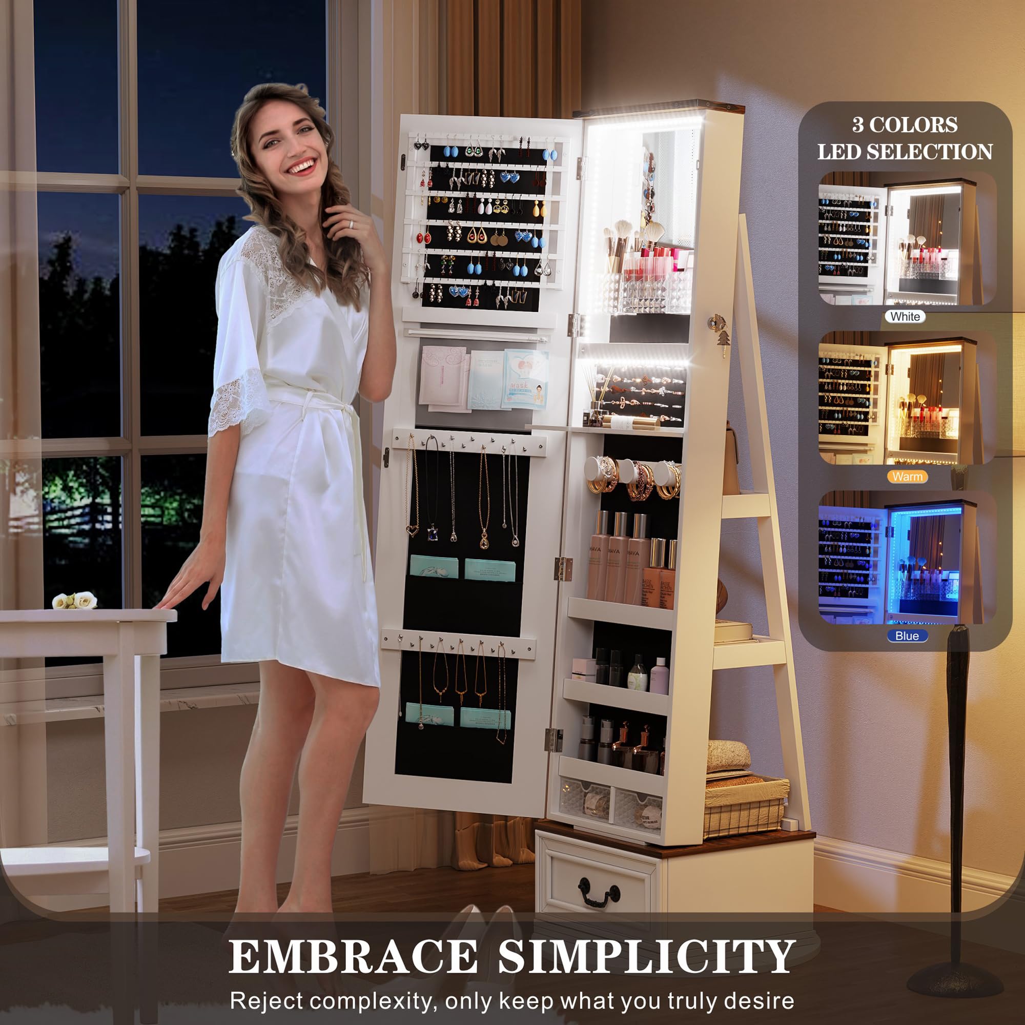 360° Swivel Jewelry Organizer with Full-Length Mirror & LED Lights - Jewelry Armoire Cabinet with Drawers - Large Mirror Storage for Jewelry & Makeup - Perfect Gift for Women, Mom, Wife & Teen Girls (White) - Ideal for Bedroom, Dressing Room & Closet Organization