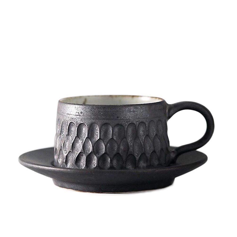 Handmade Vintage Japanese Style Ceramic Coffee Mug and Saucer Set - Coarse Pottery Espresso & Cappuccino Cup for Home, Cafe, and Gift - Rustic Artisan Craft