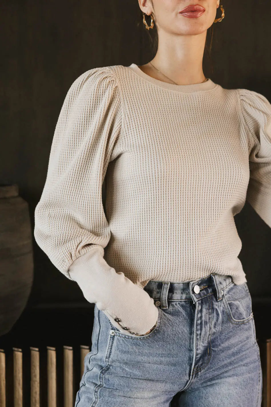 Lettie Cream Waffle Knit Top for Women - Soft & Comfortable Casual Shirt - Perfect for Everyday Wear, Layering, and Fall Outfits