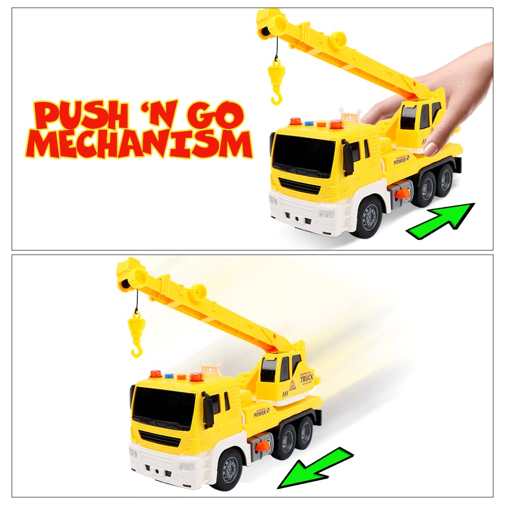 ArtCreativity Light Up Crane Truck Toy - Kids Construction Vehicle with Movable Crane, LED Lights & Sound Effects | Push & Go Toy for Boys & Girls | Perfect for Pretend Play, Birthday Gifts & STEM Learning