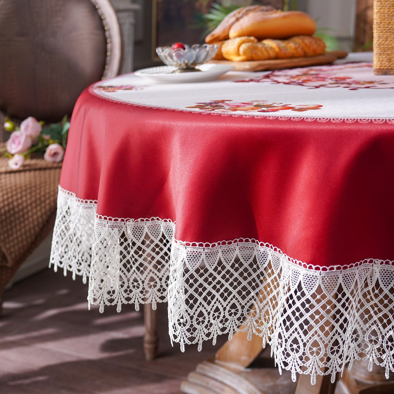 ARTABLE Round Lace Macrame Embroidered Tablecloth - Rustic Farmhouse Decor for Kitchen, Dining Room, Harvest Dresser (Burgundy, 60 Inch Round) - Perfect for Holiday Dinners, Tea Parties & Home Decor