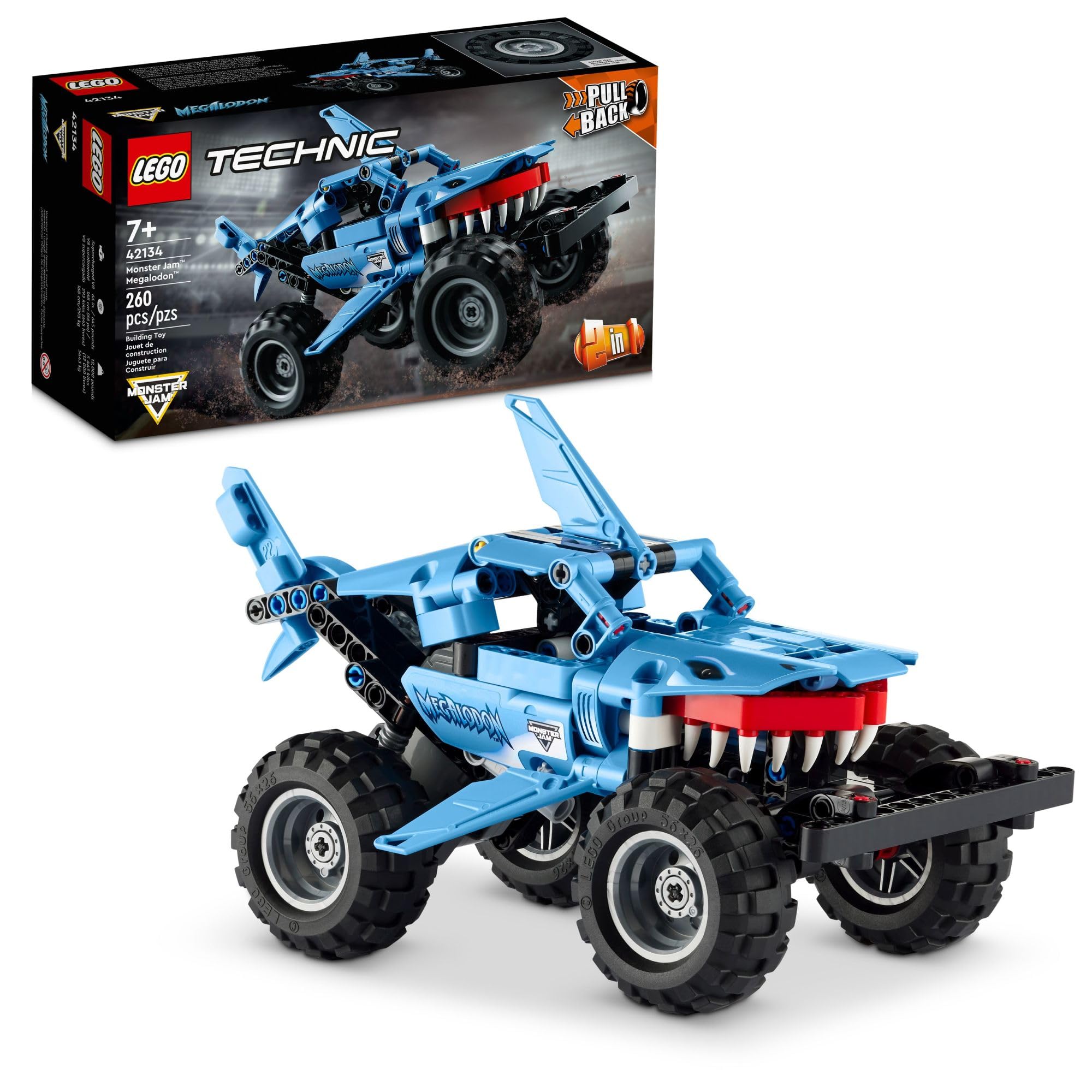LEGO Technic Monster Jam Megalodon 42134 Model Building Kit - 260 Piece 2-in-1 Monster Truck & Shark Vehicle Toy for Kids Ages 7+ | STEM Learning, Creative Play & Racing Fun for Birthday Gifts & Holiday Presents