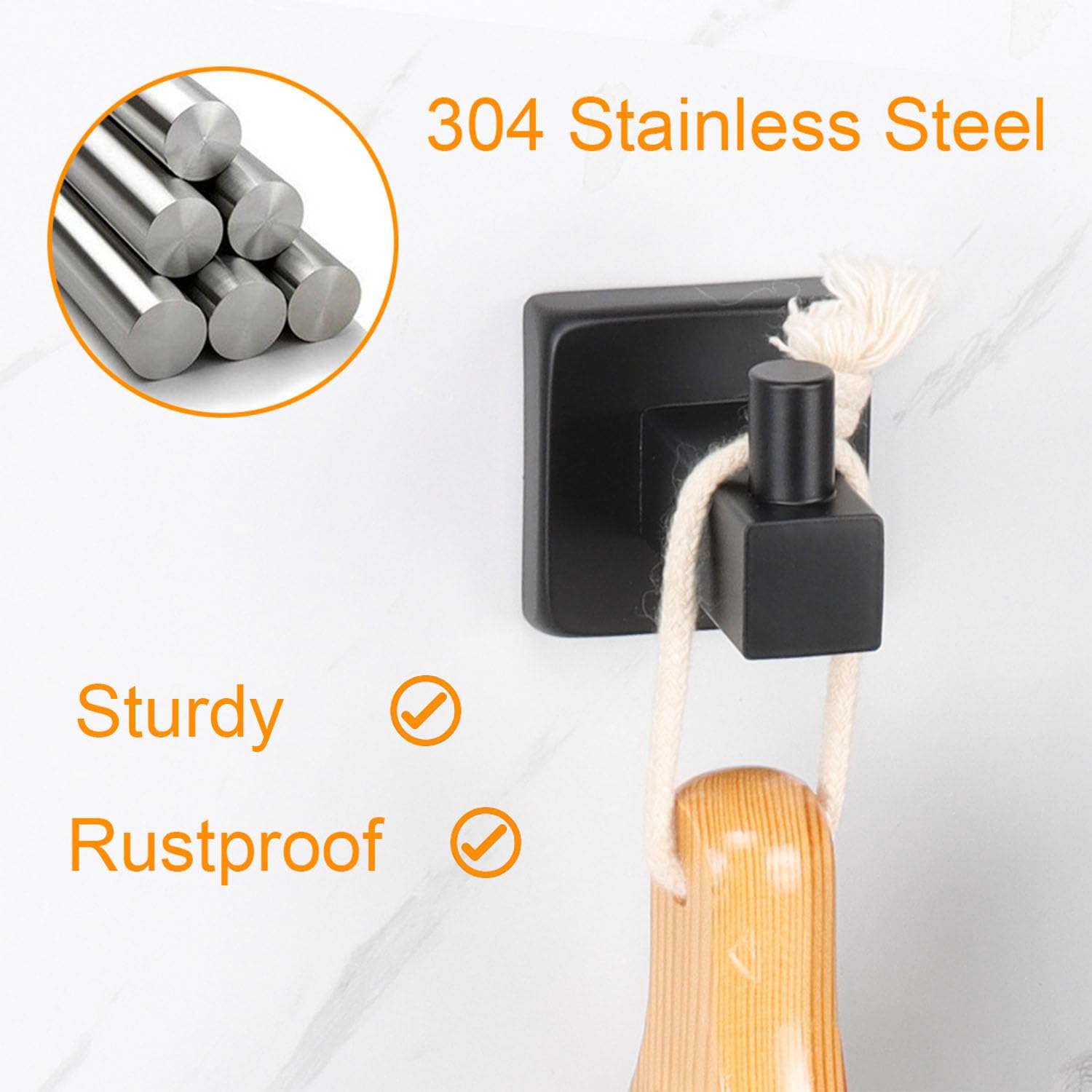 TocTen 2 Pack Square Bathroom Hooks - 304 Stainless Steel Rustproof Wall Mounted Hooks for Robe, Towel, Coat & Clothes - Heavy Duty Hangers for Bathroom, Kitchen, Back Door & Wardrobe (Black) - Perfect for Organizing Small Spaces & Maximizing Storage