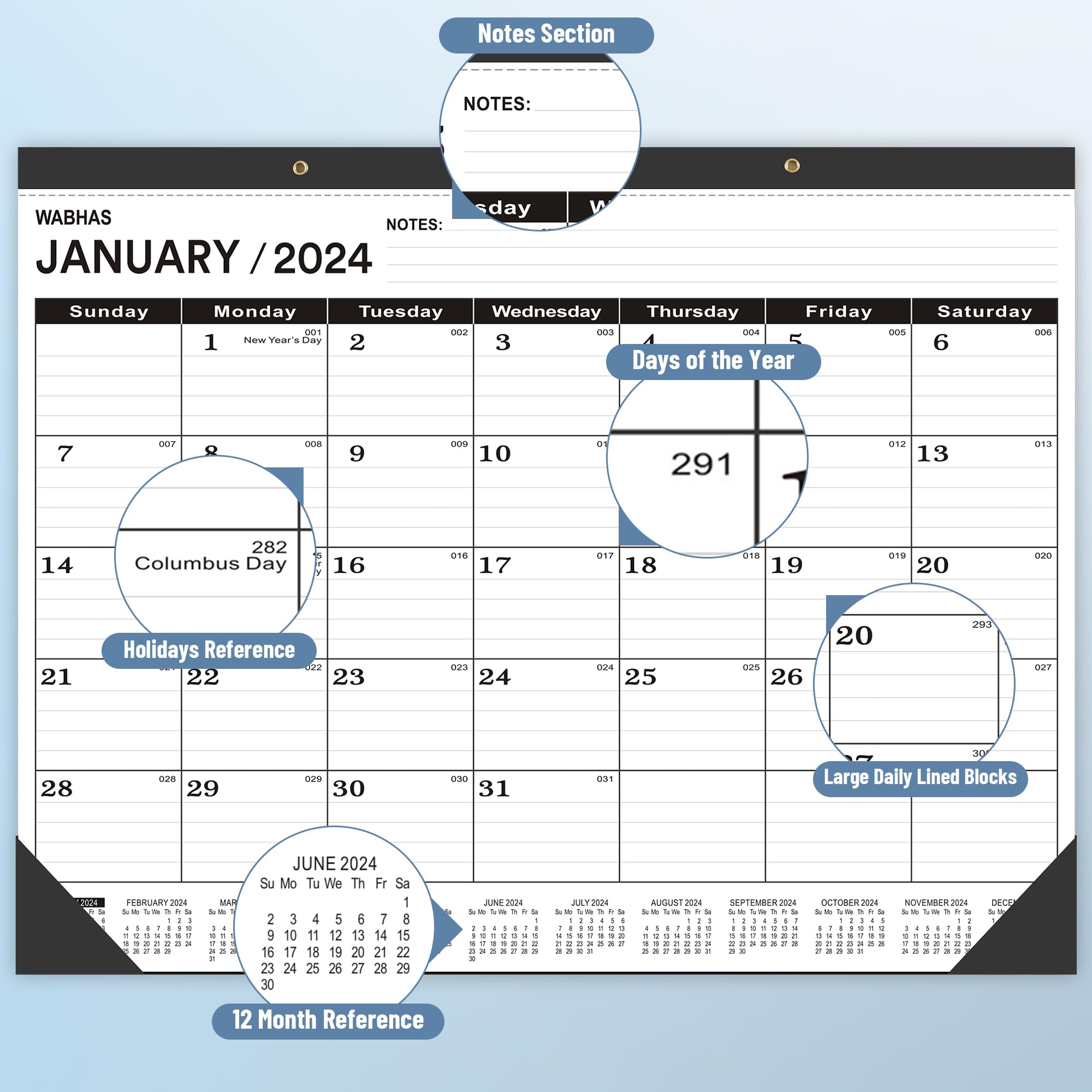 2024-2025 Large Desk Calendar 22x17 Inches - 18 Monthly Pages with Round Holes & Notes Section - Perfect for Office, Home, School and Gift Giving (Black)