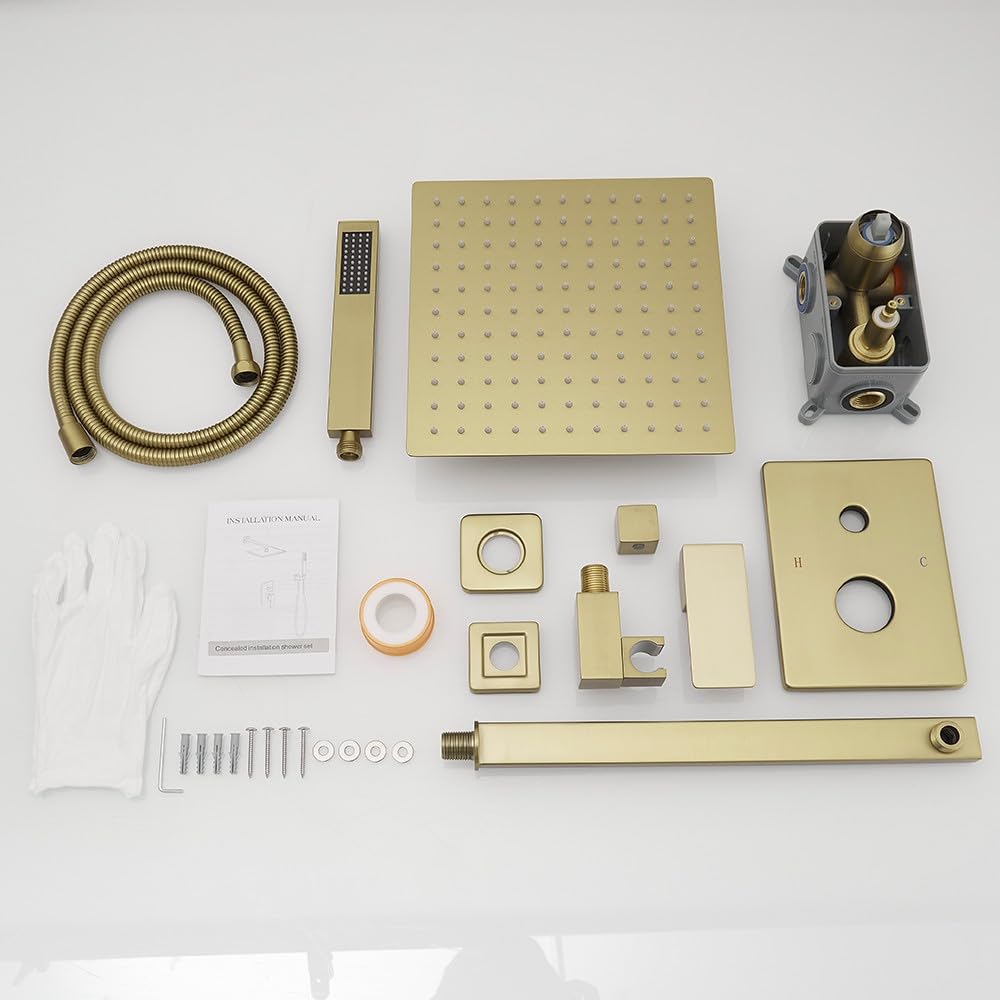 Luxury Brushed Gold Shower System - 10 Inch Rainfall Shower Head with Handheld Combo, High Pressure Wall Mounted Bathroom Faucet Set with Valve & Trim - Perfect for Modern Master Bathrooms & Spa-Like Showers