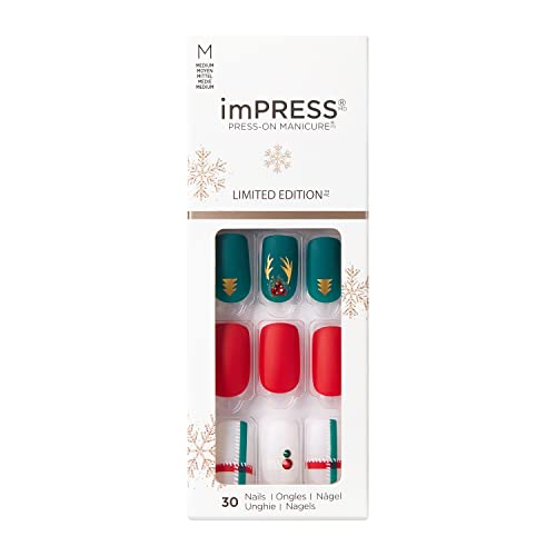 KISS imPRESS Limited Edition Holiday Press-On Nails - Medium Square Fake Nails with PureFit Technology, Style 'Gift 4 You' (Includes Prep Pad, Mini File, Cuticle Stick & 30 Nails) | Perfect for Christmas Parties, New Year Celebrations & Special Occasions