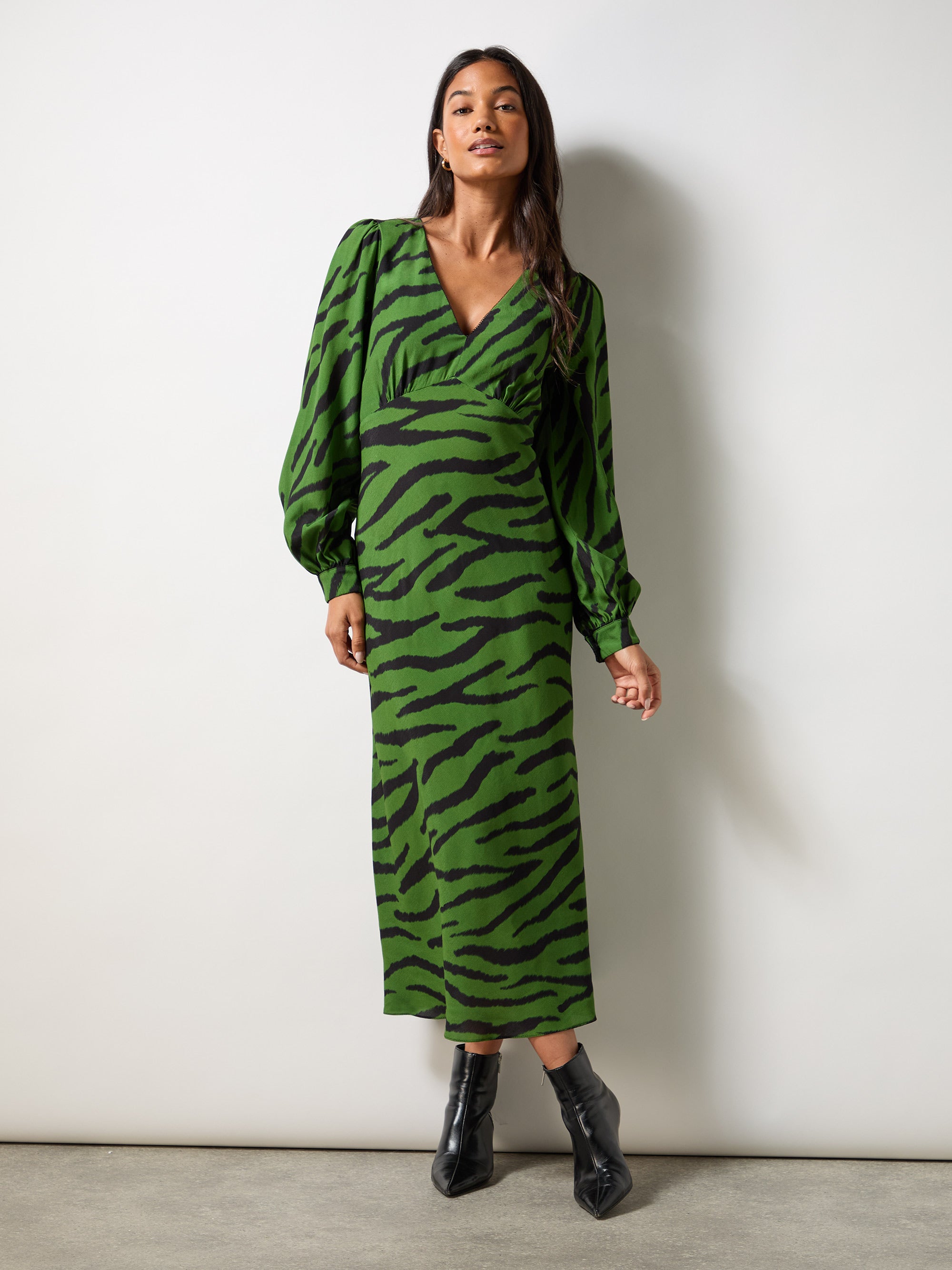 Stylish Green Zebra Print V-Neck Midi Dress for Women | Summer Casual & Party Wear | Perfect for Beach Vacations, Date Nights & Office Outfits