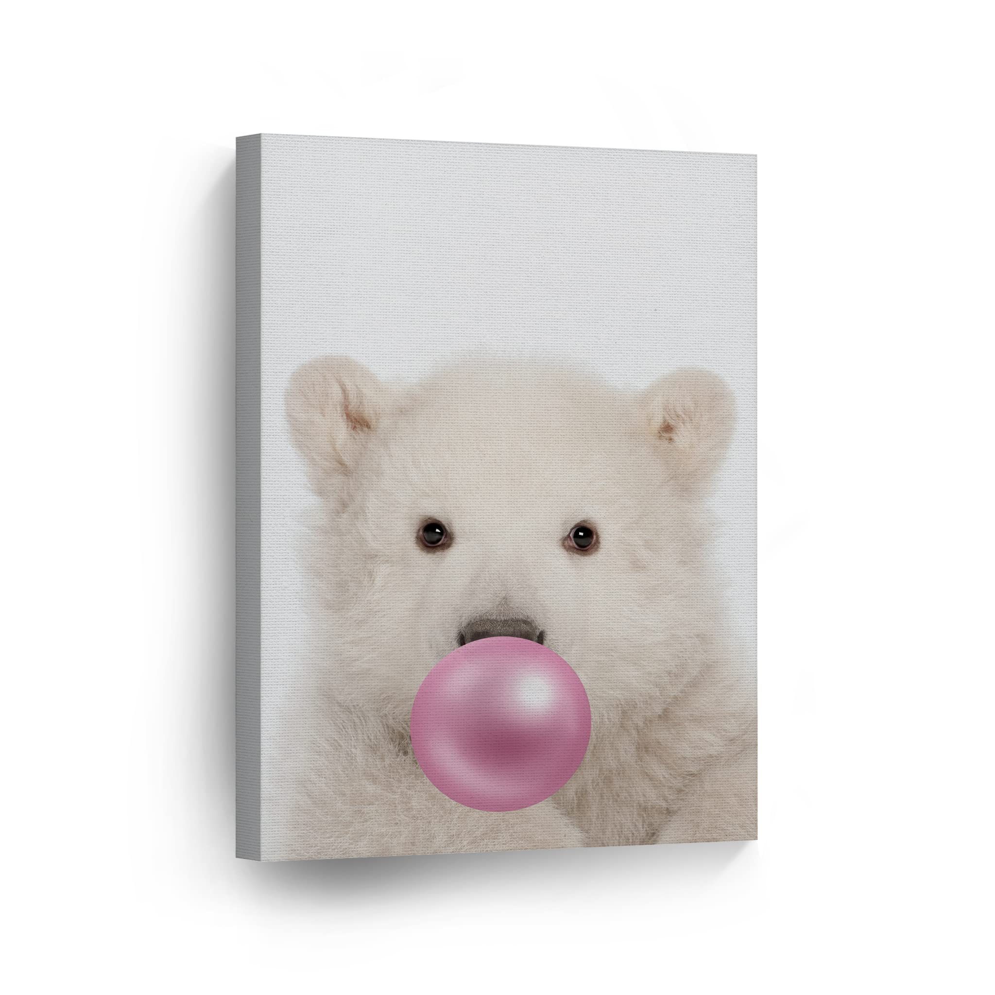 Polar Bear Chewing Pink Bubble Gum Canvas Wall Art Print - 28x19, Animal Pop Art for Office, Living Room, Bedroom & Nursery Decor - Perfect for Kids Room & Modern Home Decor