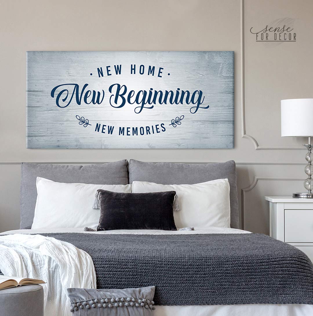 Wood Framed Canvas Wall Art - Inspirational 'New Home New Beginning' Quote - Rustic Home Decor for Living Room, Bedroom, Office - Perfect Housewarming Gift (Navy Blue, 42x19) - Ideal for Farmhouse, Apartment & Wedding Decor