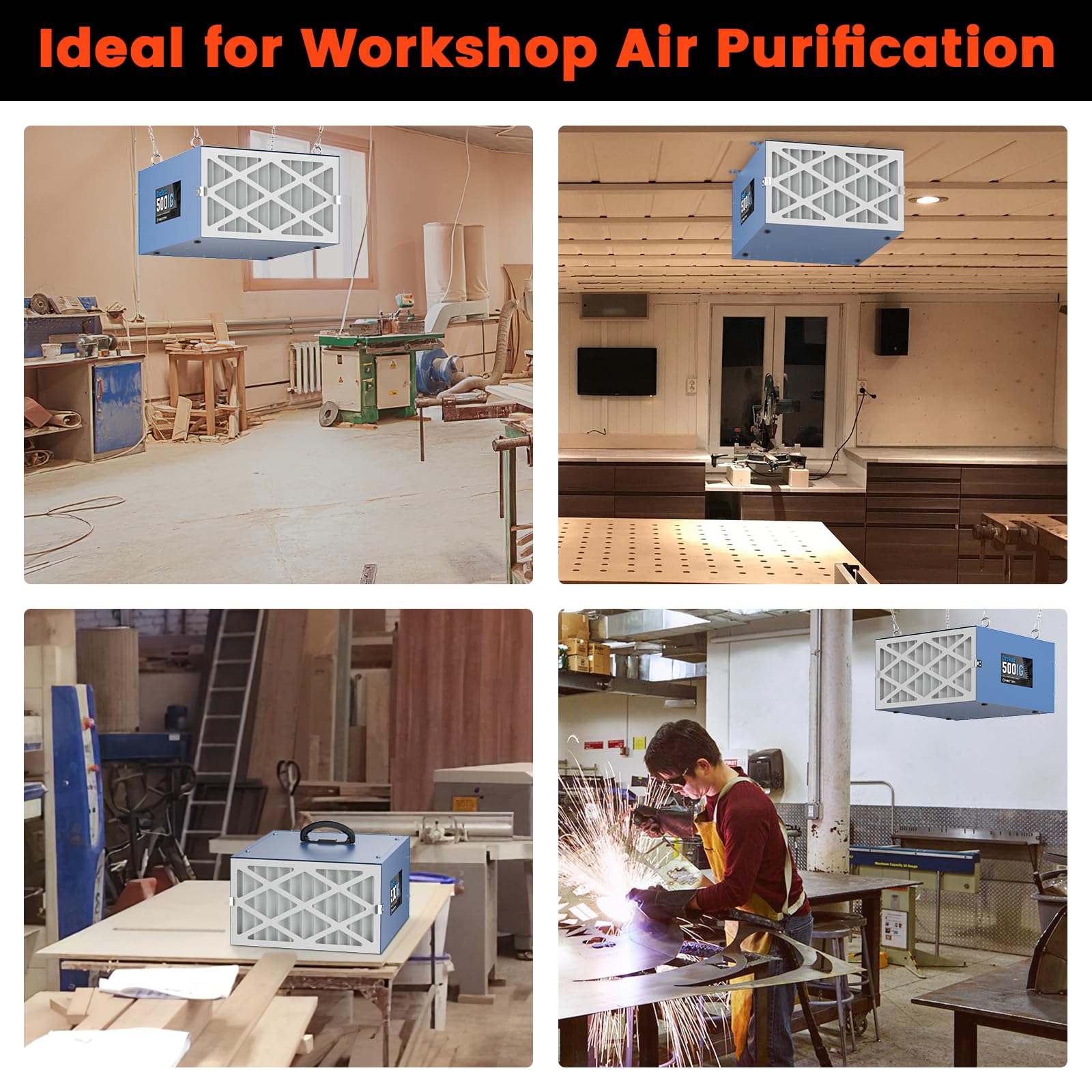 Abestorm Remote-Controlled Air Filtration System with Built-in Ionizer - Industrial Hanging Air Purifier for Woodworking, Garage & Workshop | DecDust 500IG | Eliminates Dust & Pollutants for Cleaner Workspaces