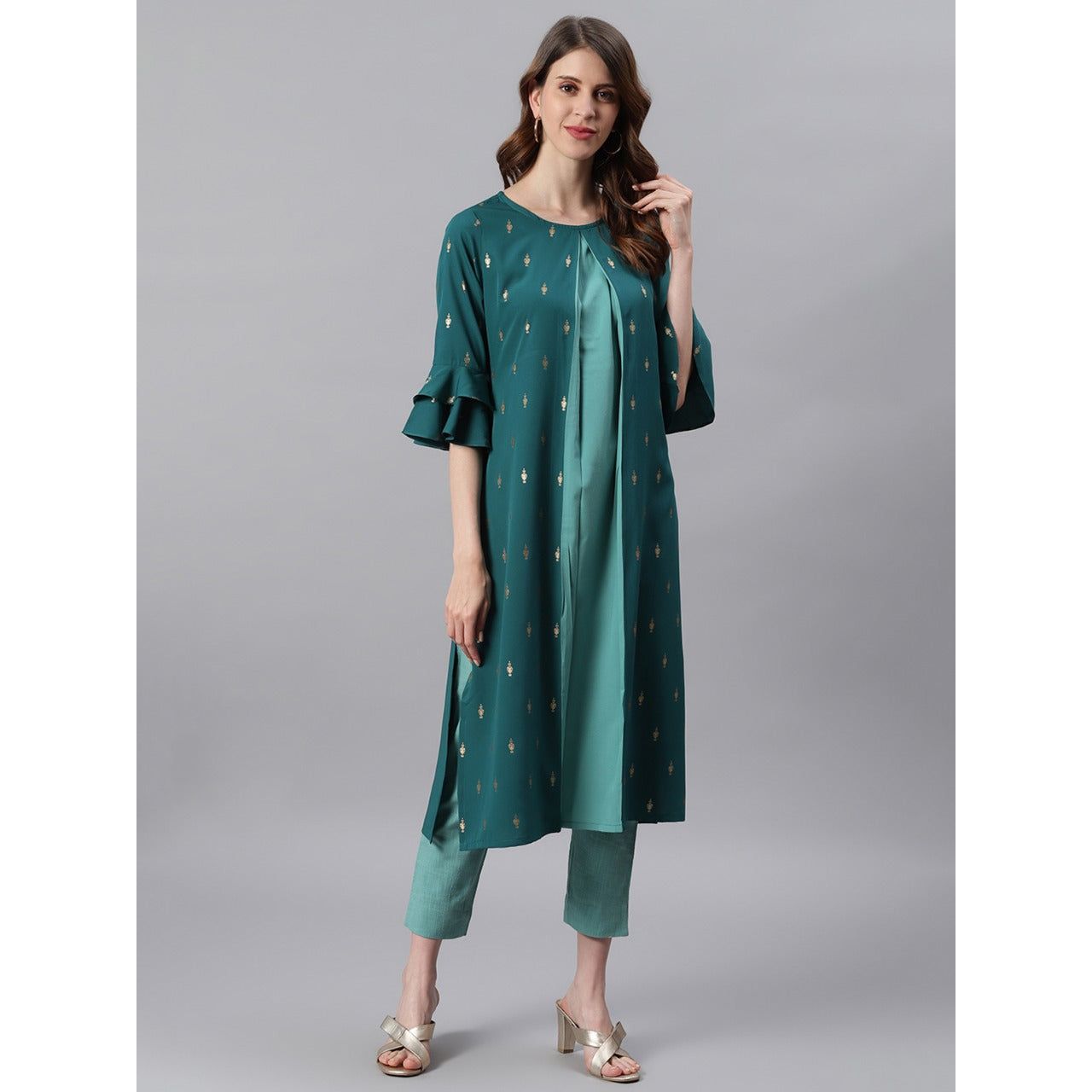 Stylish Dual Tone Green Poly Crepe Kurti for Women | Elegant Indian Ethnic Wear | Perfect for Festivals, Weddings & Casual Outings