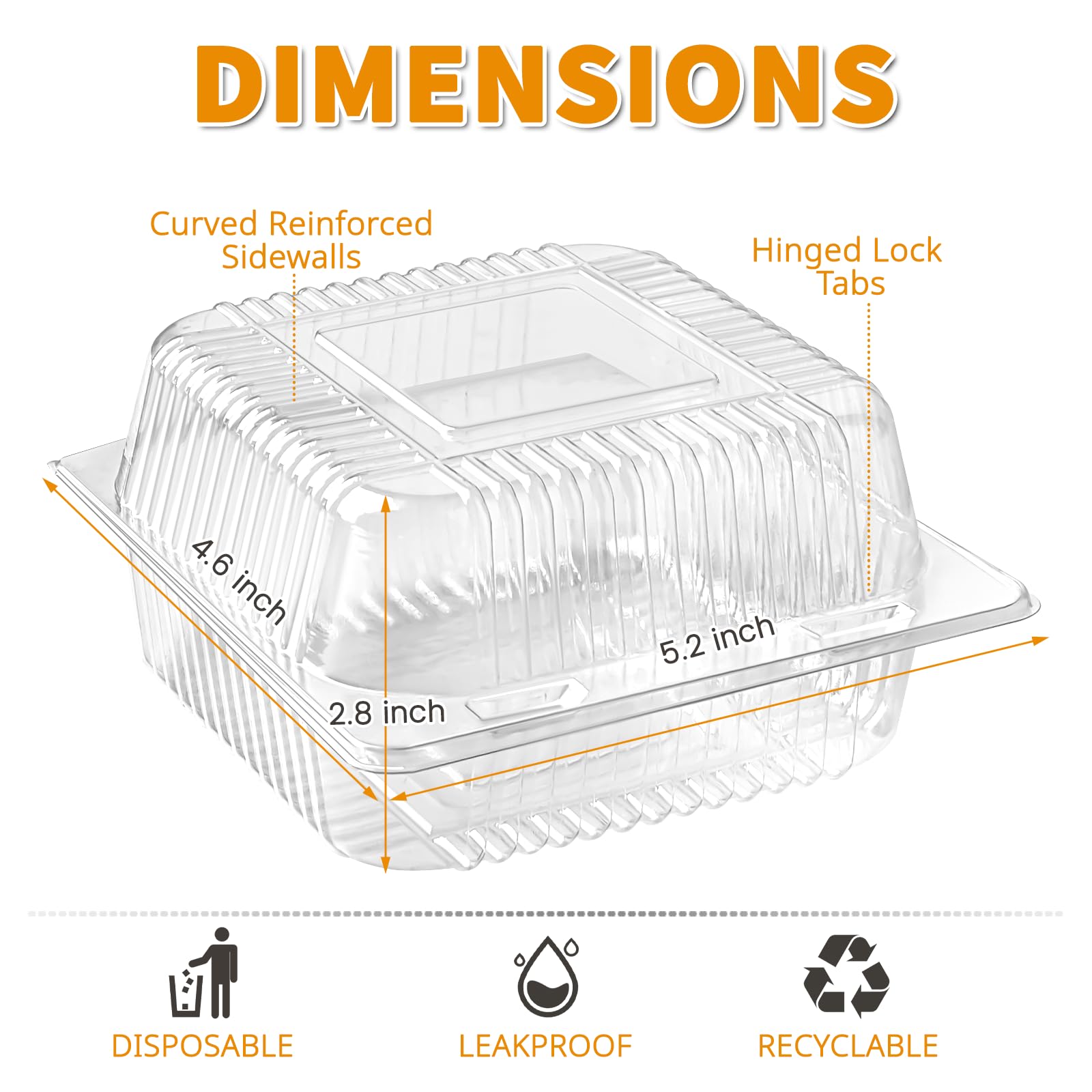 50 Pack Clear Plastic Clamshell Food Containers - Square Cake Slice Containers with Hinged Lids | Disposable To-Go Boxes for Cookies, Desserts, Fruits, Salads & Sandwiches | Perfect for Bakery, Party Favors, Catering & Meal Prep
