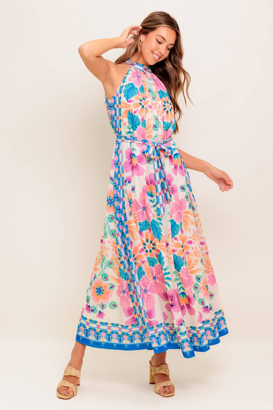 ELARA Floral Halter Maxi Dress for Women - Elegant Summer Beach Wedding Party Outfit - Perfect for Vacations, Date Nights & Special Occasions