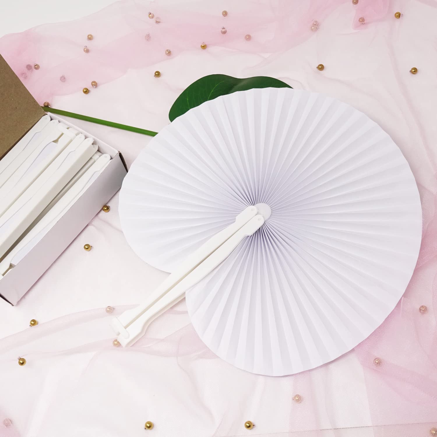 12PCS White Folding Handheld Paper Fans - Round Accordion Style for Birthday, Wedding & Party Favors | Perfect for Summer Events, Bridal Showers & Outdoor Ceremonies