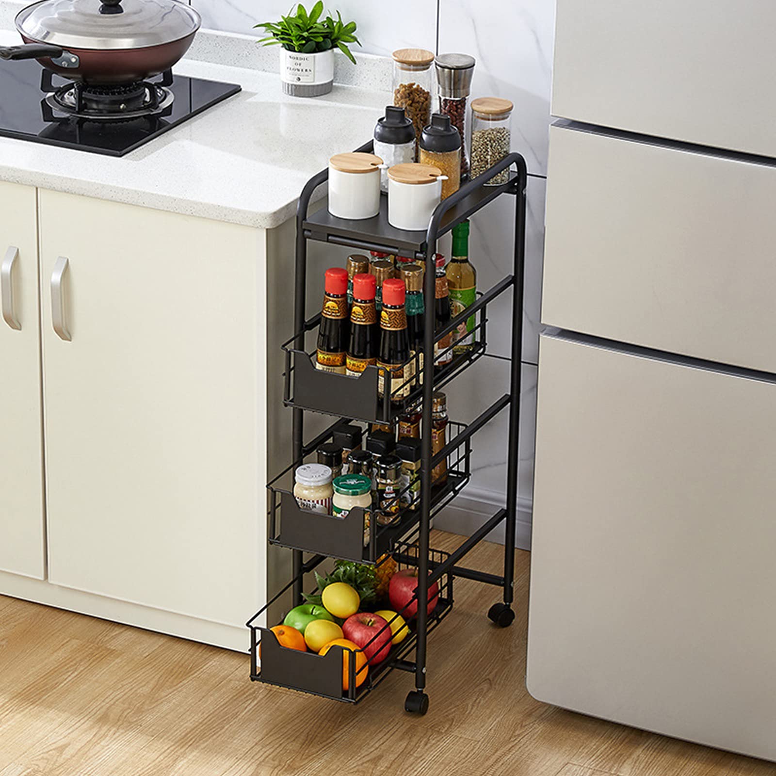 4-Tier Rotating Kitchen Storage Shelf with Wheels - Narrow Multi-Layer Baker's Rack for Spice, Pantry & Countertop Organization - Free Standing Kitchen Organizer for Small Spaces & Apartment Cooking