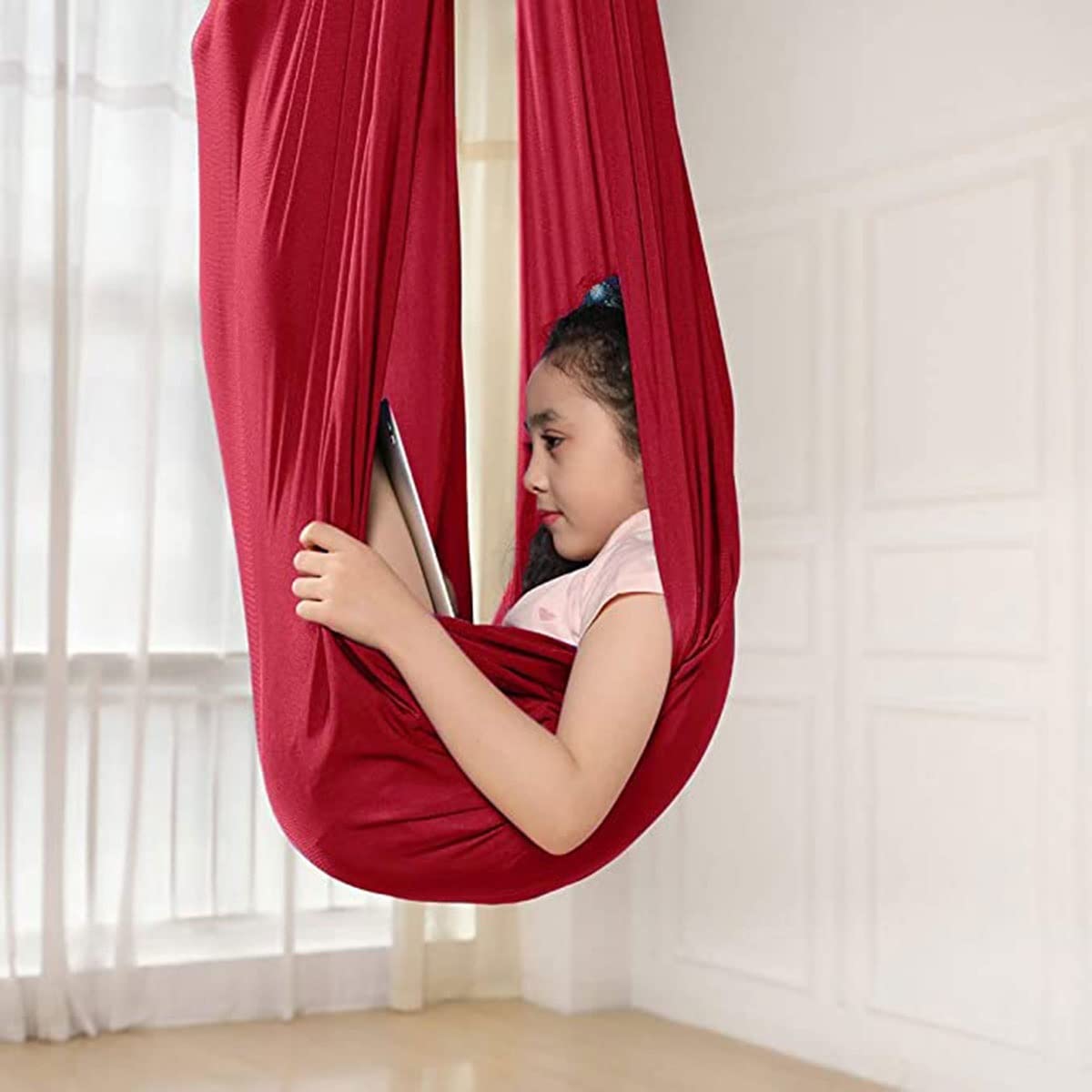 YKLL Kids & Adult Therapy Swing for Autism ADHD ADD - Indoor & Outdoor Sensory Hammock with Elastic Steady Seat - Red 150x280cm - Perfect for Relaxation, Sensory Therapy & Playtime