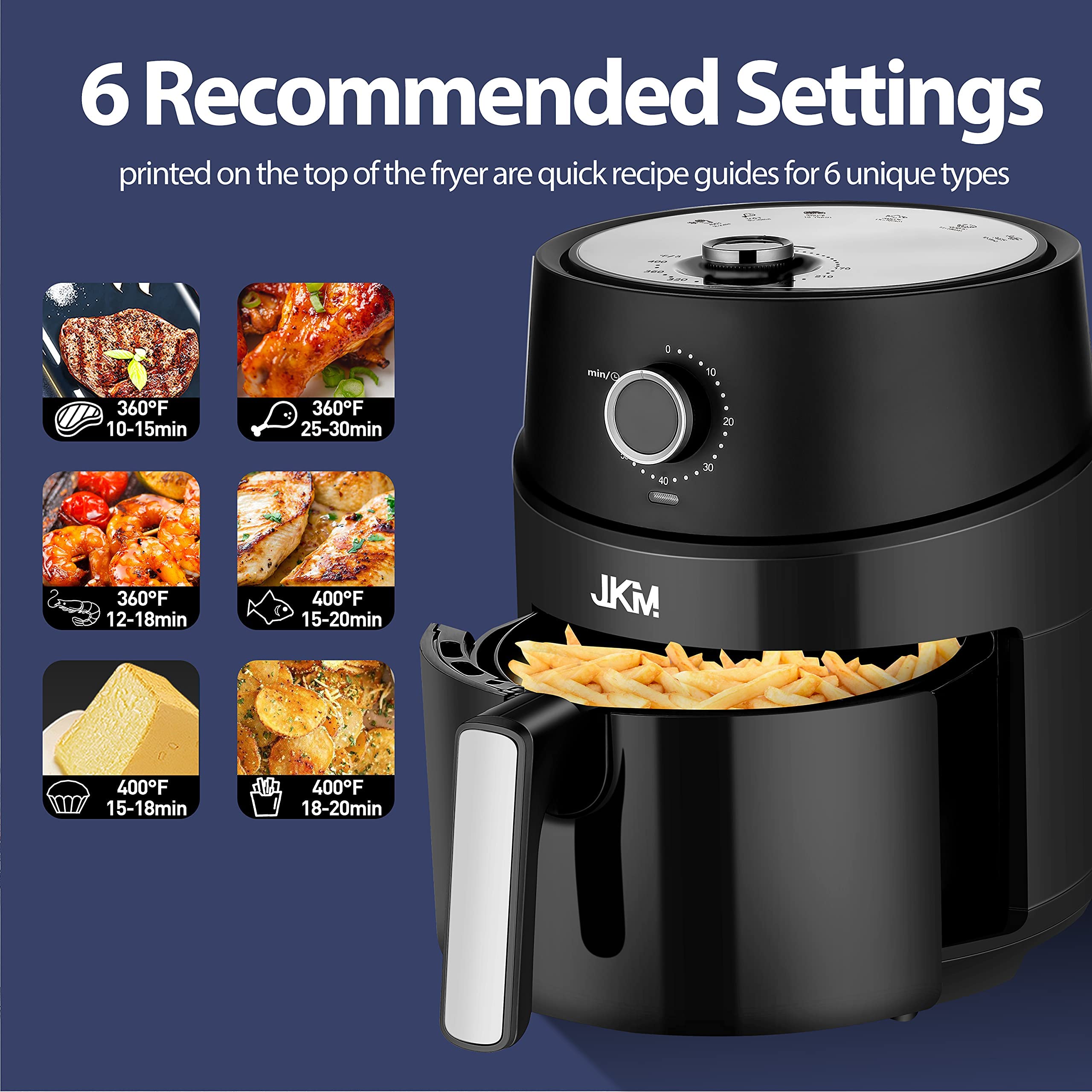 JKM 4.7 Quart Air Fryer - 1500W Mechanical Air Fryer Oven with Adjustable Temperature & Timer, Oil-Free Cooking, Auto Shut Off, Black - Perfect for Healthy Frying, Baking, Roasting for Family Meals & Parties