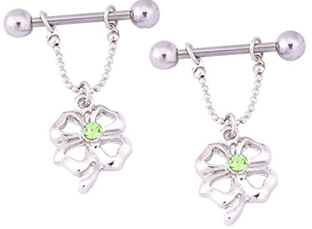 14G Nipple Ring Bars with 4 Leaf Clover Charm - Surgical Steel Body Jewelry Pair for Belly & Nipple Piercing - Perfect for Everyday Wear & Special Occasions