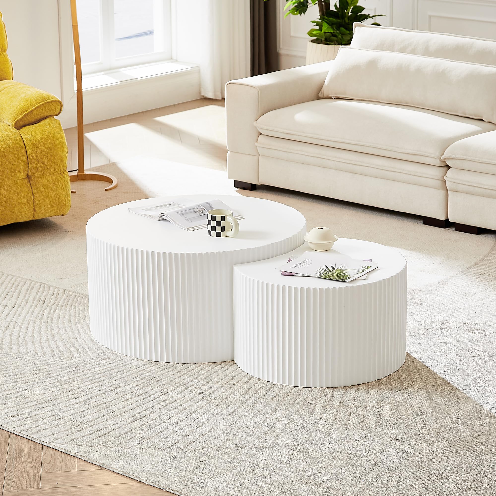 Modern Nesting Coffee Table Set of 2 - Round Wood Moon Design Side Tables with Matte Finish, Luxury Accent End Tables for Living Room & Apartment (White) - Perfect for Small Spaces, Coffee Date Nights & Cozy Home Decor