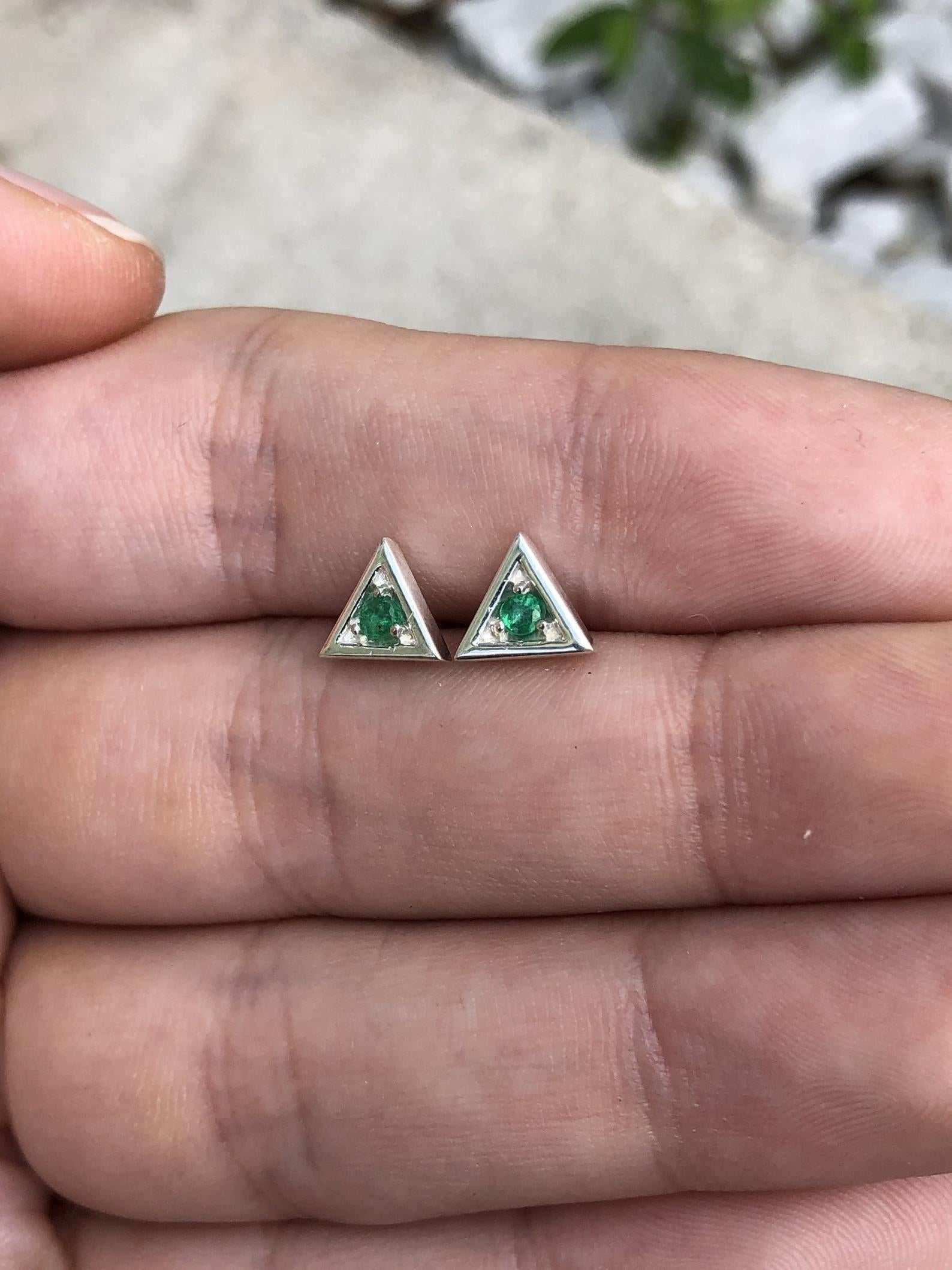 Emerald Stud Silver Earrings - Triangle Shape Round Brilliant Cut Gemstone Jewelry for Women | Perfect for Parties, Weddings & Everyday Wear