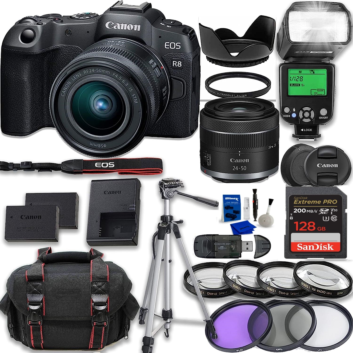 Canon EOS R8 Mirrorless Camera with RF 24-50mm f/4.5-6.3 IS STM Lens Kit | 128GB SD Card, TTL Flash, Extra Battery & Accessories | Perfect for Travel Photography, Vlogging & Professional Shooting
