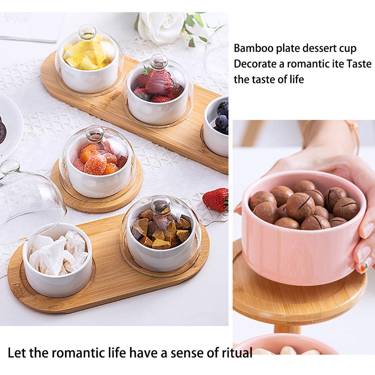 Premium Ceramic Fruit Bowl Set - 2 Large Bamboo & Wooden Salad Bowls for Kitchen, Dining Table, and Coffee Table - Elegant Dark Green Serving Bowls for Fruits, Desserts, Snacks, and Party Entertaining